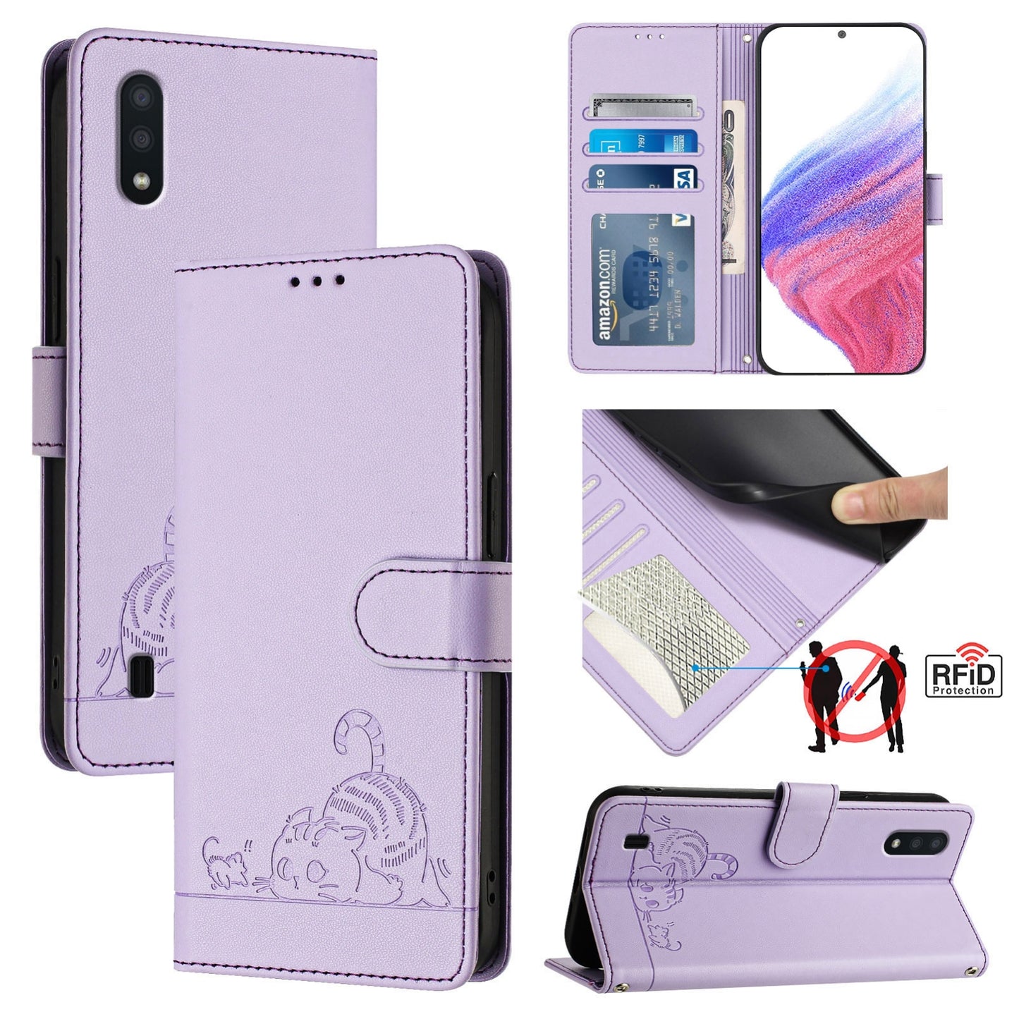 For Samsung Galaxy M10 EU Version Cat and Rat Embossed Pattern, RFID Leather Phone Case with Lanyard, Kickstand, and Wallet Features