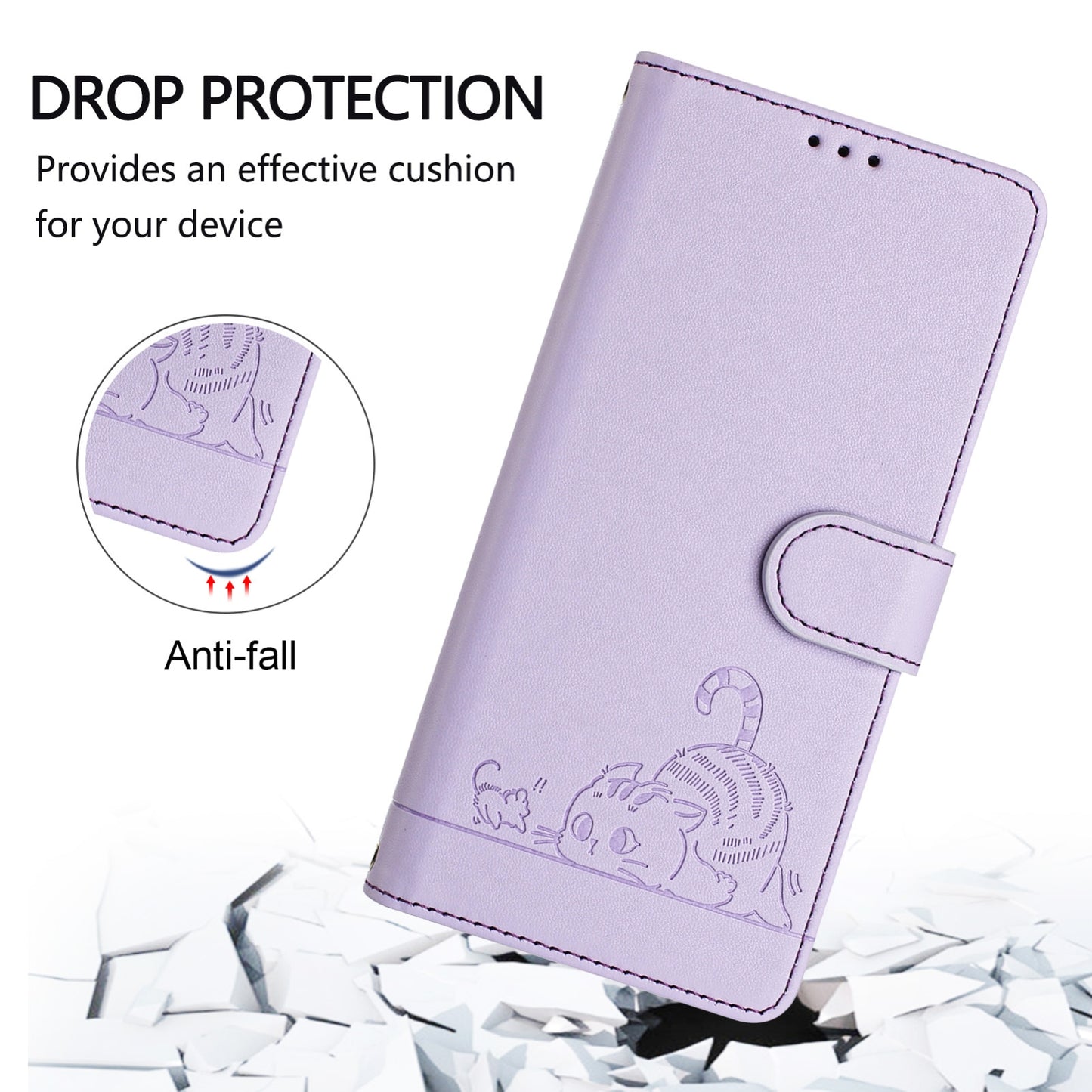 For Samsung Galaxy M10 EU Version Cat and Rat Embossed Pattern, RFID Leather Phone Case with Lanyard, Kickstand, and Wallet Features