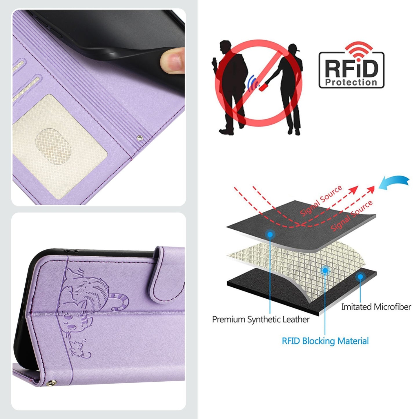 For Samsung Galaxy M10 EU Version Cat and Rat Embossed Pattern, RFID Leather Phone Case with Lanyard, Kickstand, and Wallet Features