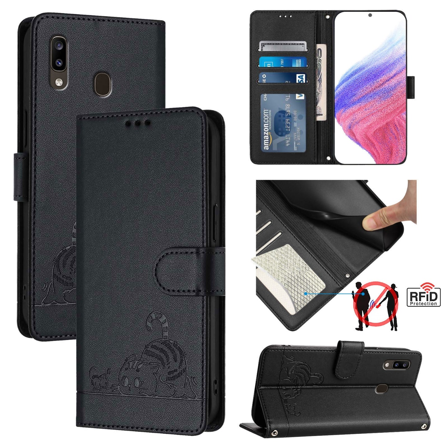 Samsung Galaxy M10s Cat and Rat Embossed Pattern, RFID Leather Phone Case with Lanyard, Kickstand, and Wallet Features
