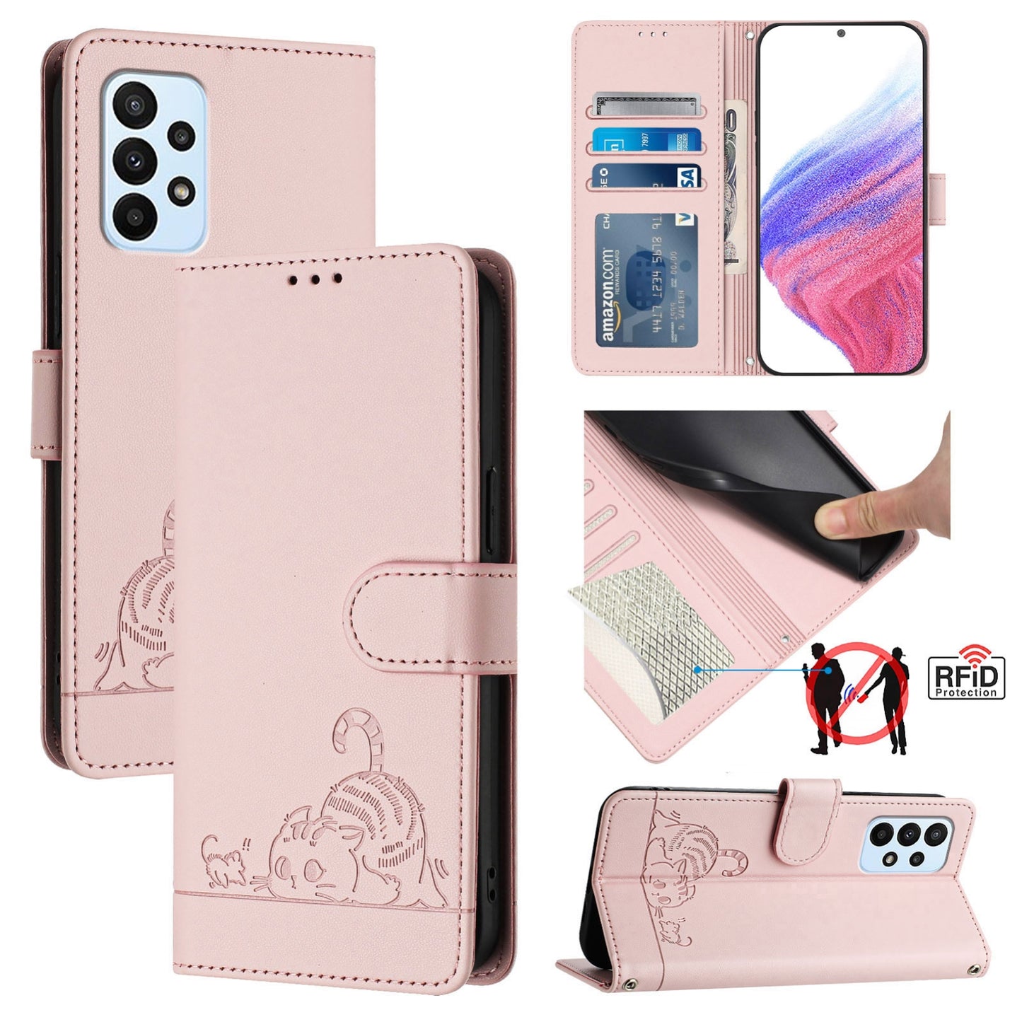 For Samsung Galaxy F23 5G Cat and Rat Embossed Pattern, RFID Leather Phone Case with Lanyard, Kickstand, and Wallet Features