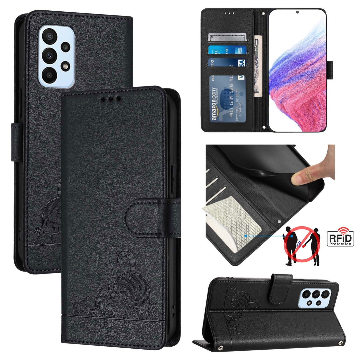 For Samsung Galaxy F23 5G Cat and Rat Embossed Pattern, RFID Leather Phone Case with Lanyard, Kickstand, and Wallet Features