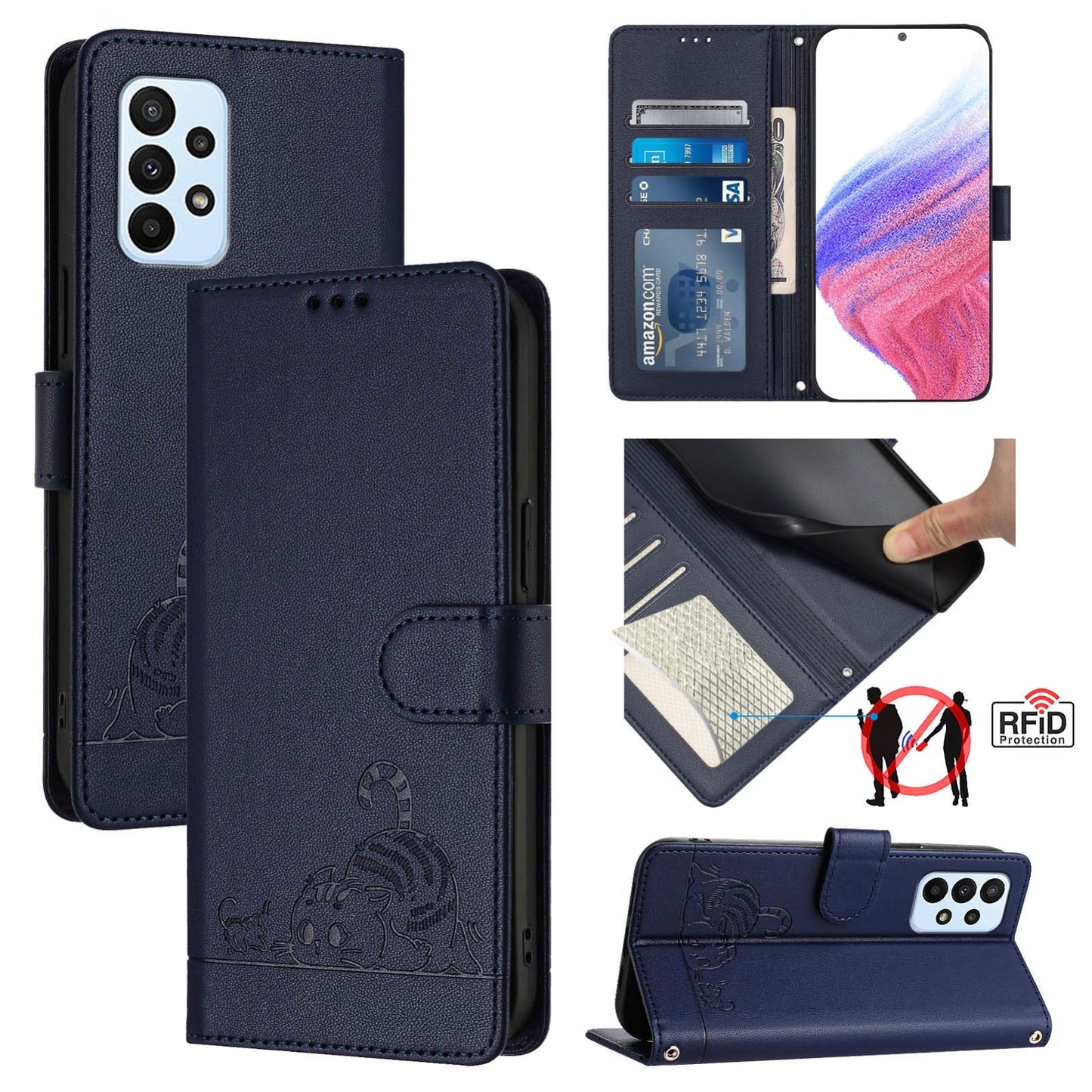 For Samsung Galaxy F23 5G Cat and Rat Embossed Pattern, RFID Leather Phone Case with Lanyard, Kickstand, and Wallet Features