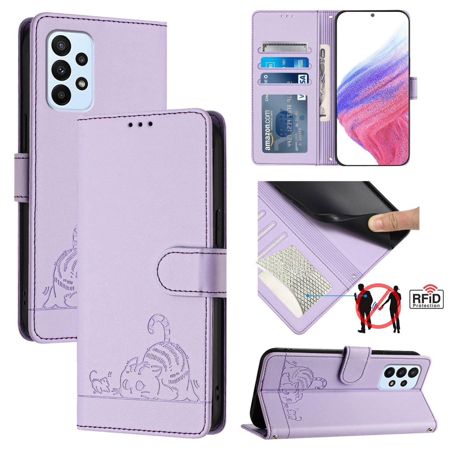 For Samsung Galaxy F23 5G Cat and Rat Embossed Pattern, RFID Leather Phone Case with Lanyard, Kickstand, and Wallet Features