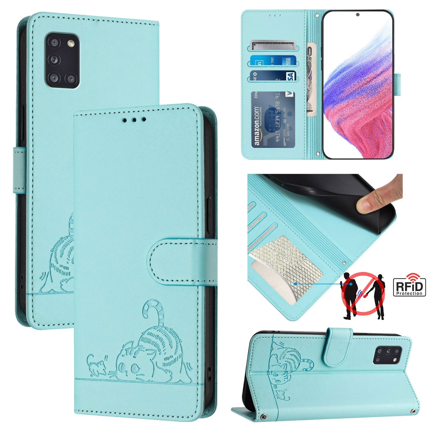 For Samsung Galaxy A31 EU Version Cat and Rat Embossed Pattern, RFID Leather Phone Case with Lanyard, Kickstand, and Wallet Features