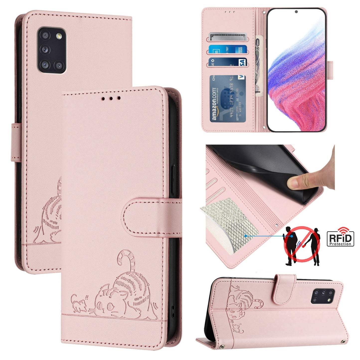 For Samsung Galaxy A31 EU Version Cat and Rat Embossed Pattern, RFID Leather Phone Case with Lanyard, Kickstand, and Wallet Features