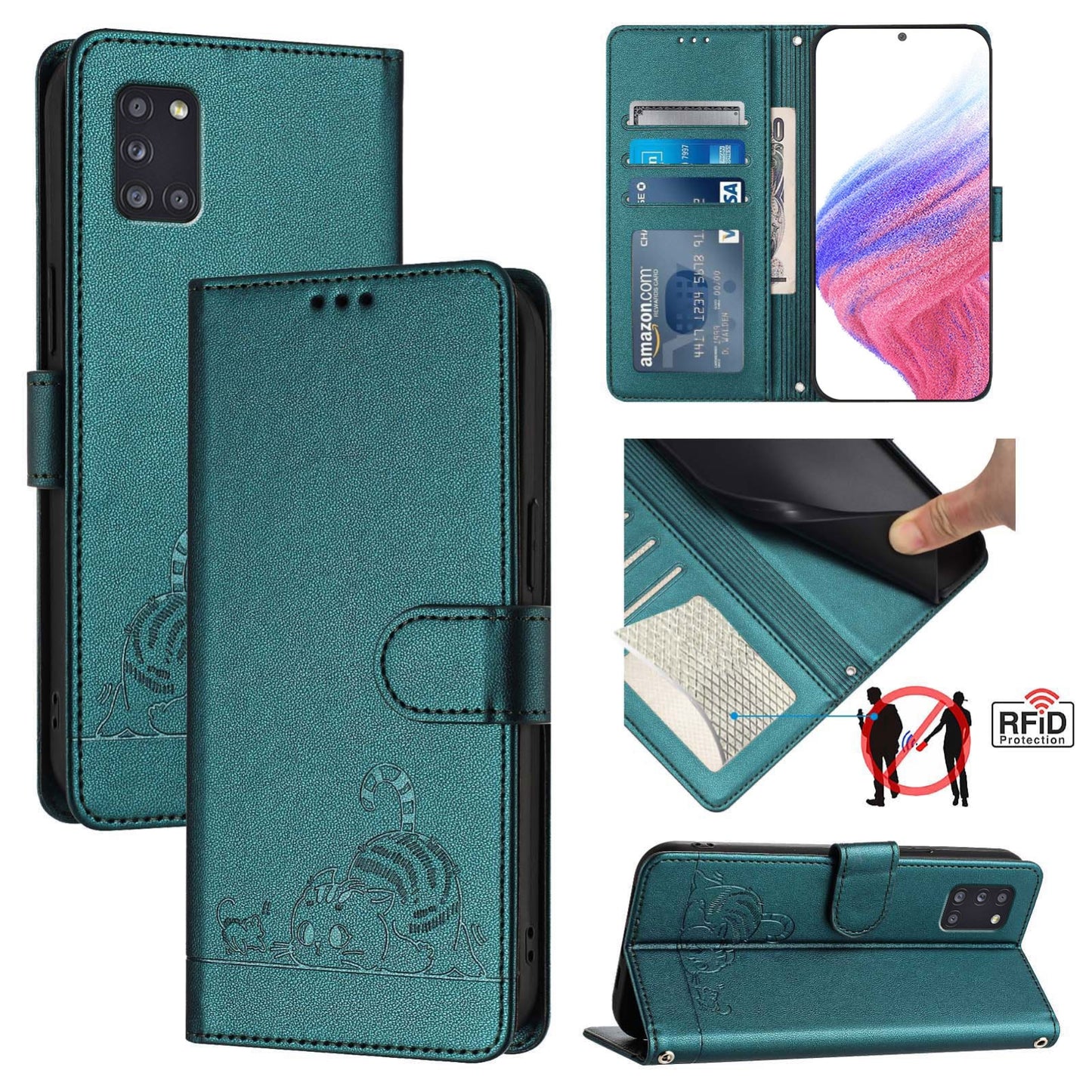 For Samsung Galaxy A31 EU Version Cat and Rat Embossed Pattern, RFID Leather Phone Case with Lanyard, Kickstand, and Wallet Features