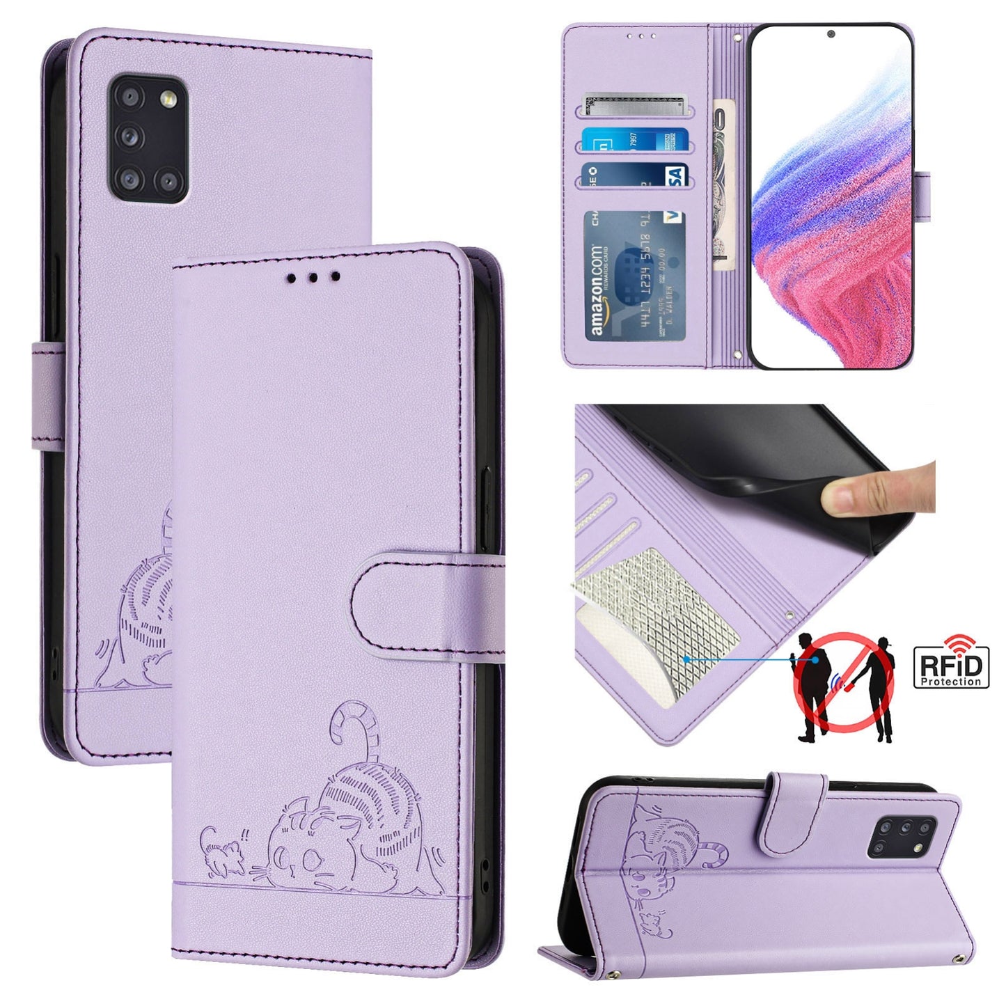 For Samsung Galaxy A31 EU Version Cat and Rat Embossed Pattern, RFID Leather Phone Case with Lanyard, Kickstand, and Wallet Features