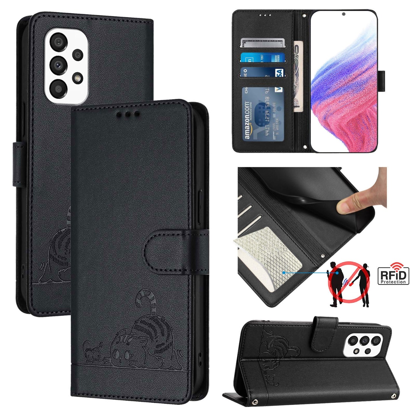 Samsung Galaxy A33 5G Cat and Rat Embossed Pattern, RFID Leather Phone Case with Lanyard, Kickstand, and Wallet Features