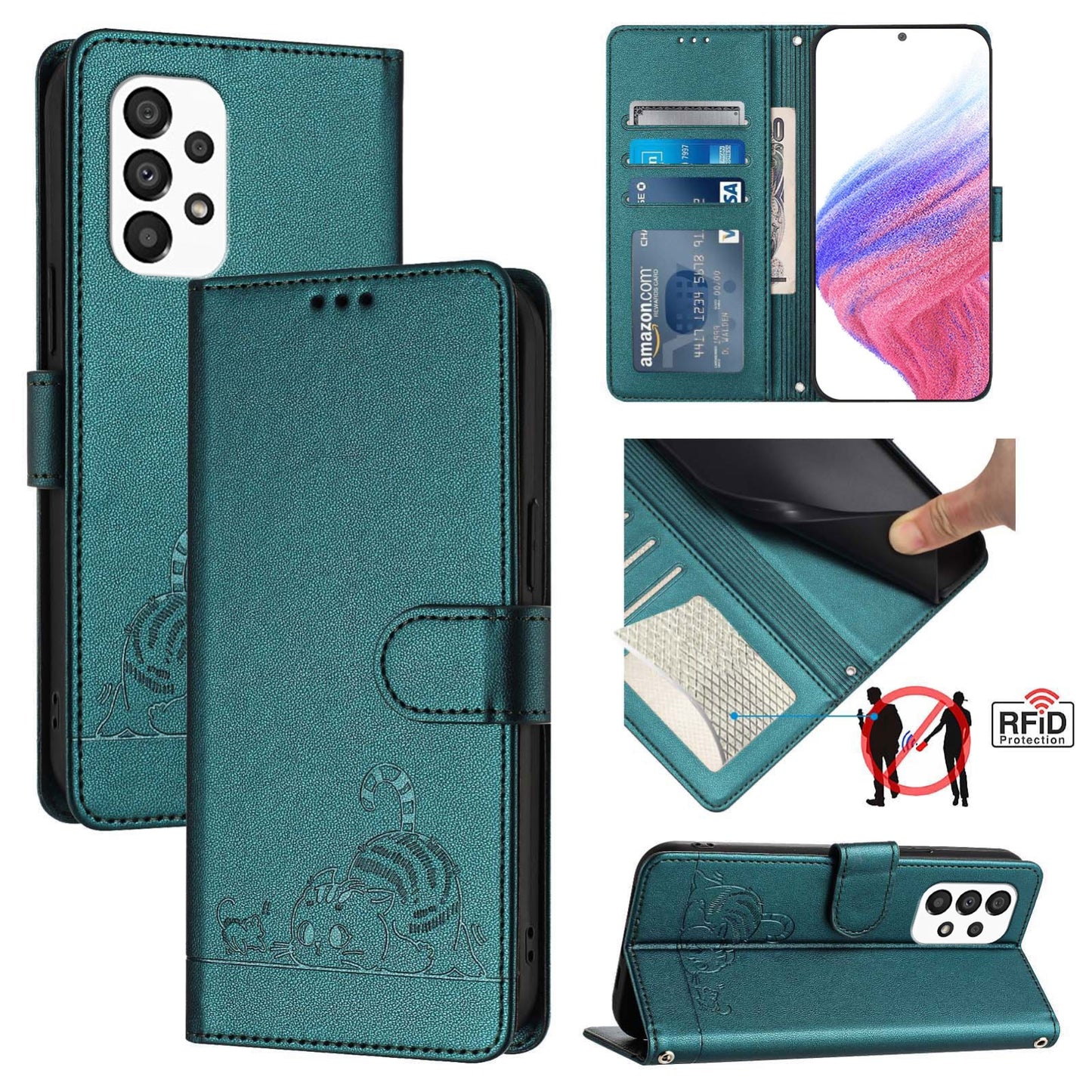 Samsung Galaxy A33 5G Cat and Rat Embossed Pattern, RFID Leather Phone Case with Lanyard, Kickstand, and Wallet Features