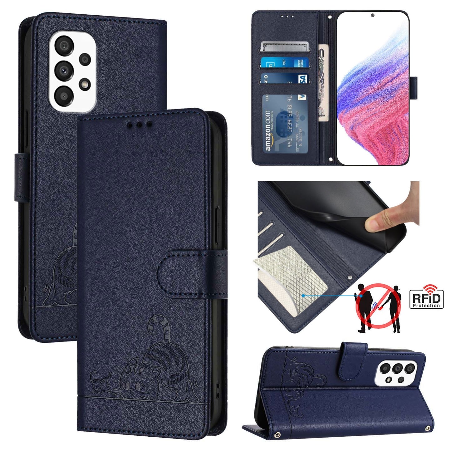 Samsung Galaxy A33 5G Cat and Rat Embossed Pattern, RFID Leather Phone Case with Lanyard, Kickstand, and Wallet Features
