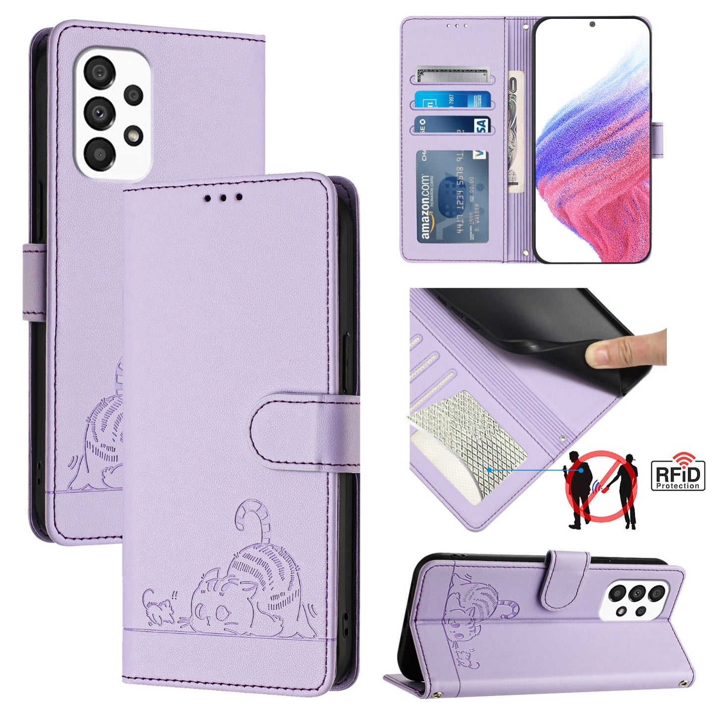 Samsung Galaxy A33 5G Cat and Rat Embossed Pattern, RFID Leather Phone Case with Lanyard, Kickstand, and Wallet Features