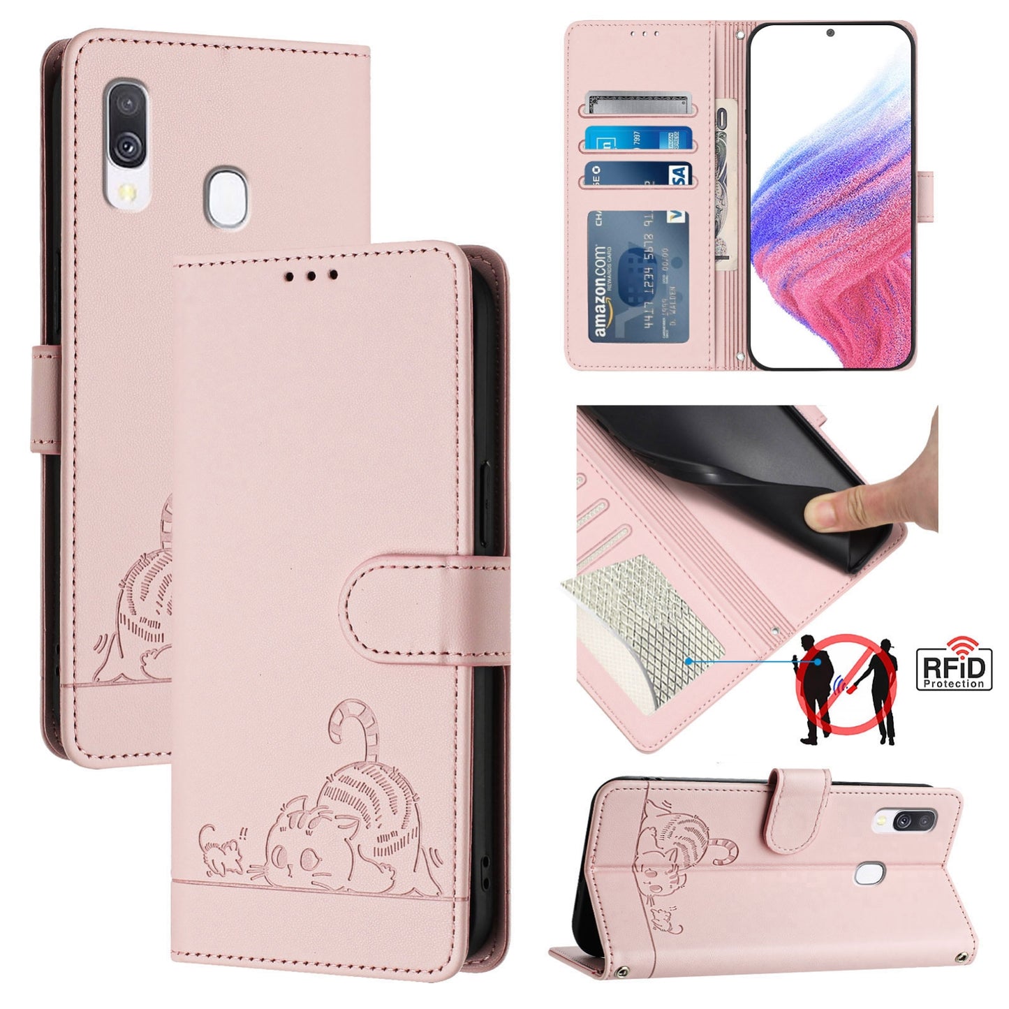 For Samsung Galaxy A40 Cat and Rat Embossed Pattern, RFID Leather Phone Case with Lanyard, Kickstand, and Wallet Features