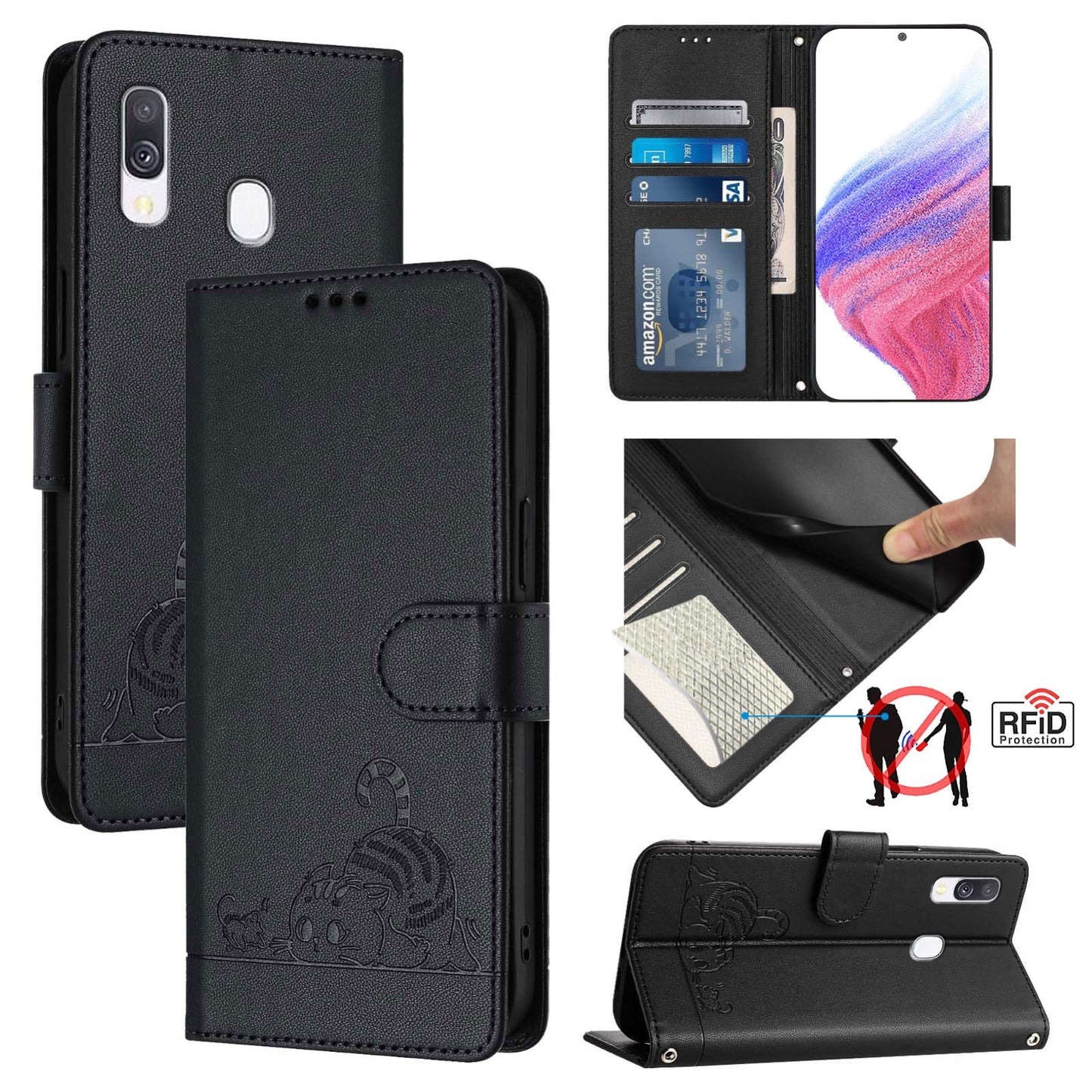 For Samsung Galaxy A40 Cat and Rat Embossed Pattern, RFID Leather Phone Case with Lanyard, Kickstand, and Wallet Features