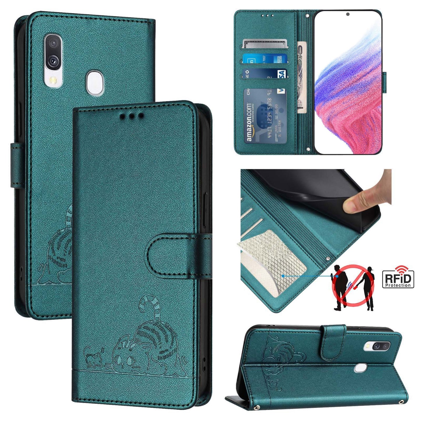 For Samsung Galaxy A40 Cat and Rat Embossed Pattern, RFID Leather Phone Case with Lanyard, Kickstand, and Wallet Features