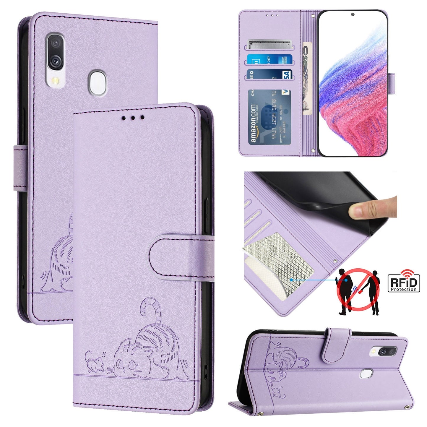 For Samsung Galaxy A40 Cat and Rat Embossed Pattern, RFID Leather Phone Case with Lanyard, Kickstand, and Wallet Features