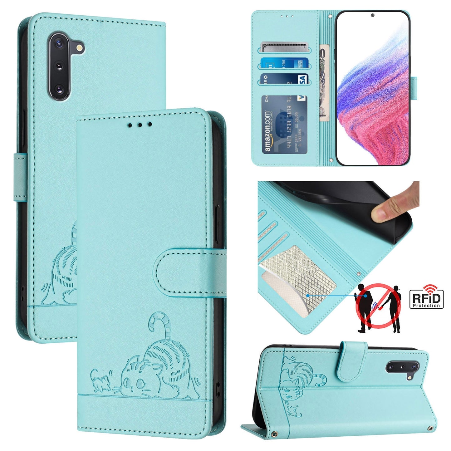 For Samsung Galaxy Note 10 Cat and Rat Embossed Pattern, RFID Leather Phone Case with Lanyard, Kickstand, and Wallet Features
