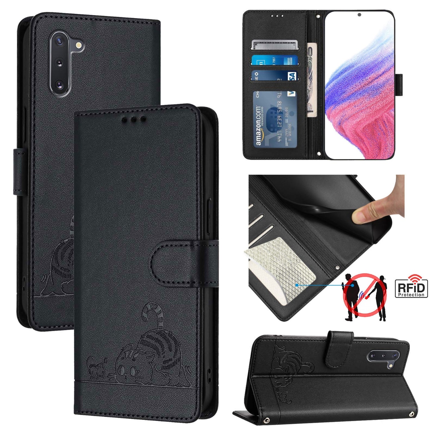 For Samsung Galaxy Note 10 Cat and Rat Embossed Pattern, RFID Leather Phone Case with Lanyard, Kickstand, and Wallet Features