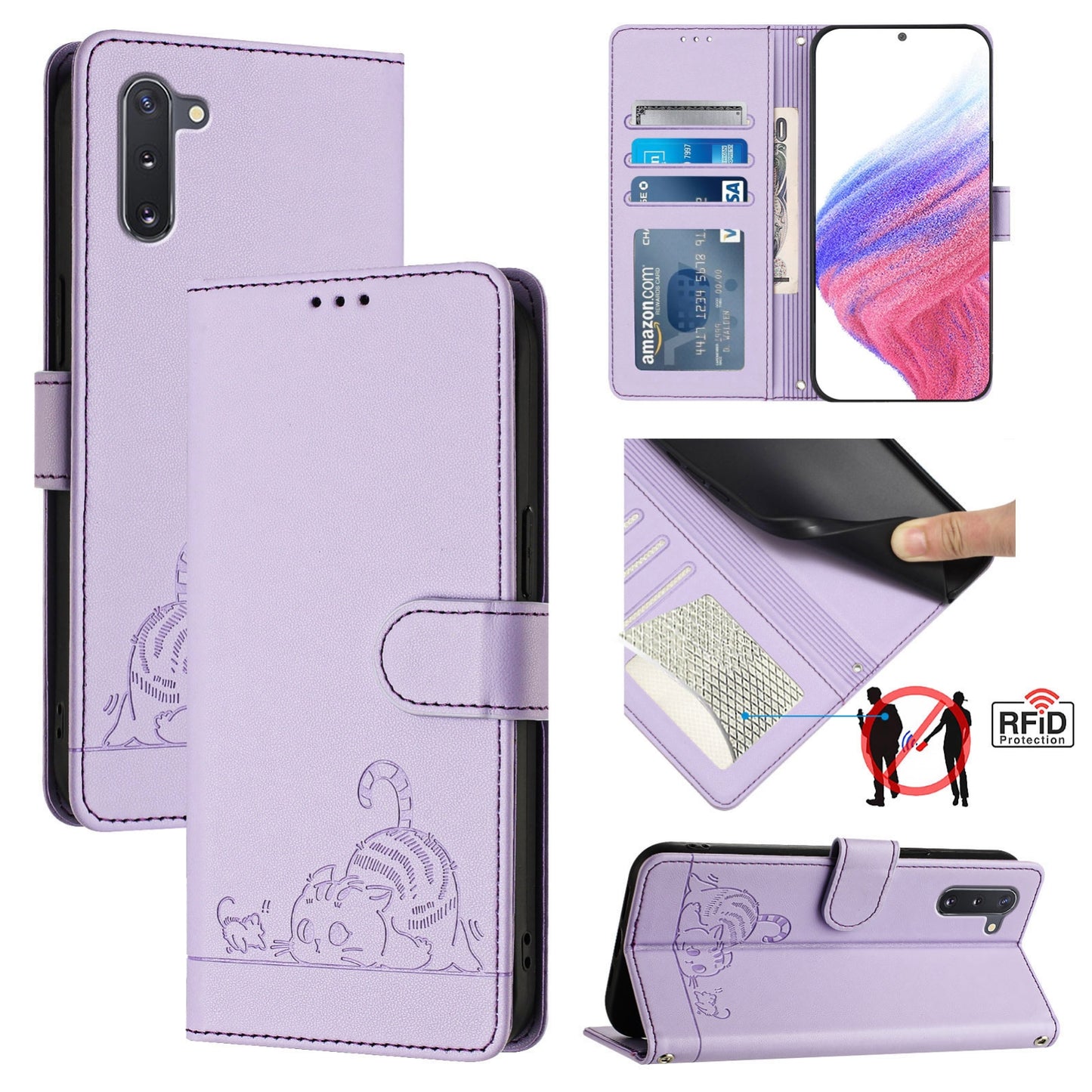 For Samsung Galaxy Note 10 Cat and Rat Embossed Pattern, RFID Leather Phone Case with Lanyard, Kickstand, and Wallet Features