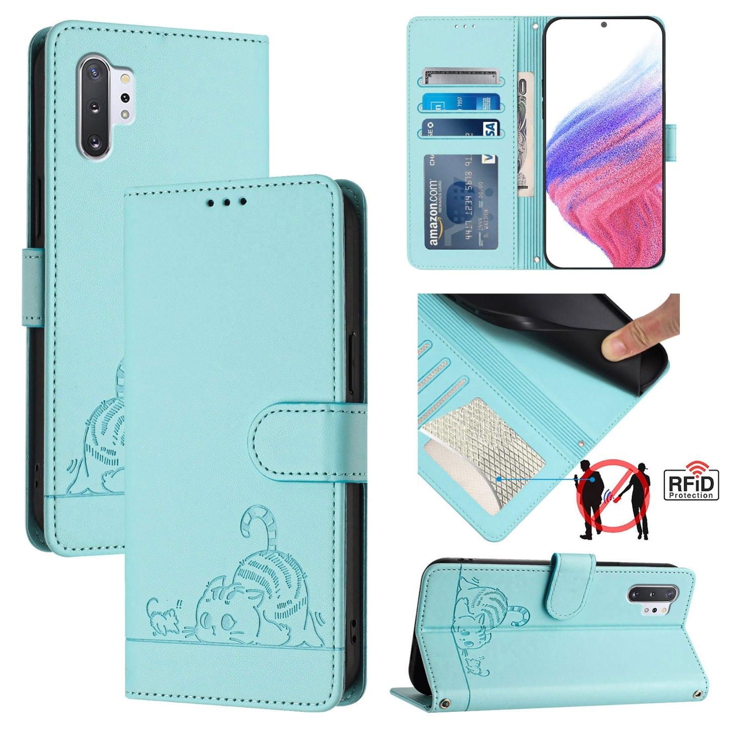 For Samsung Galaxy Note 10+ Cat and Rat Embossed Pattern, RFID Leather Phone Case with Lanyard, Kickstand, and Wallet Features