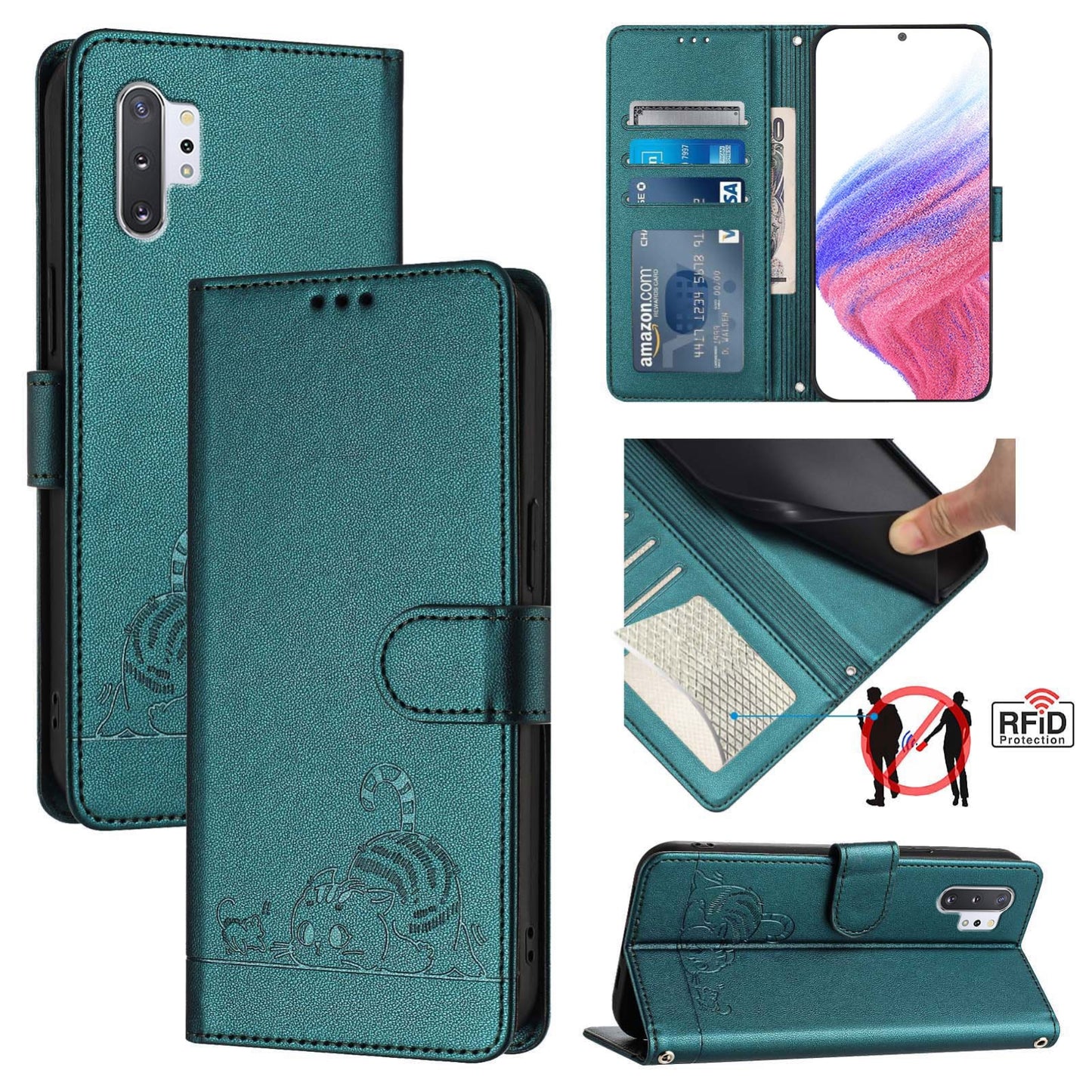 For Samsung Galaxy Note 10+ Cat and Rat Embossed Pattern, RFID Leather Phone Case with Lanyard, Kickstand, and Wallet Features