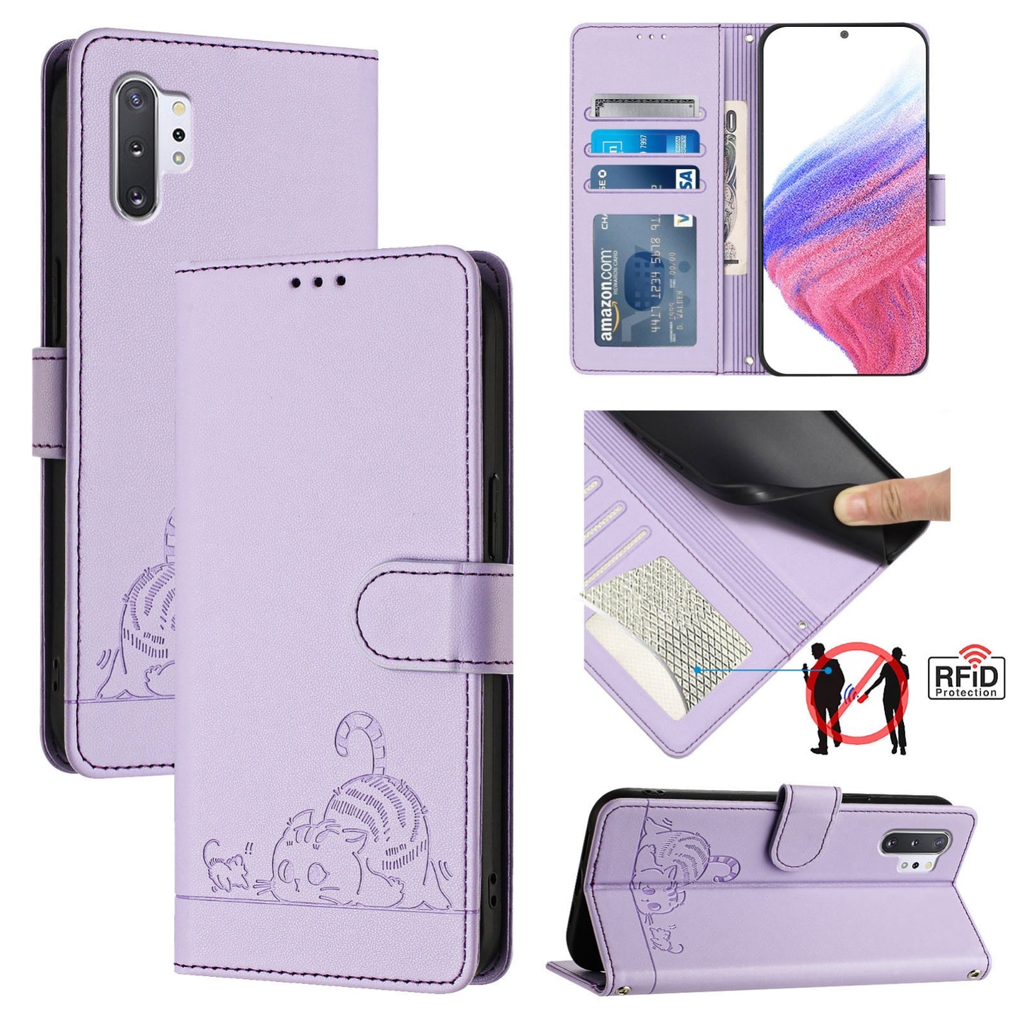 For Samsung Galaxy Note 10+ Cat and Rat Embossed Pattern, RFID Leather Phone Case with Lanyard, Kickstand, and Wallet Features
