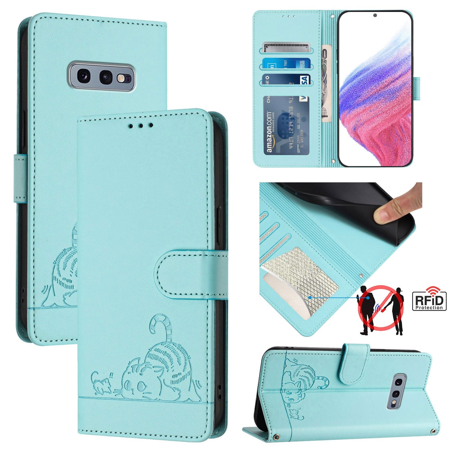 For Samsung Galaxy S10e Cat and Rat Embossed Pattern, RFID Leather Phone Case with Lanyard, Kickstand, and Wallet Features
