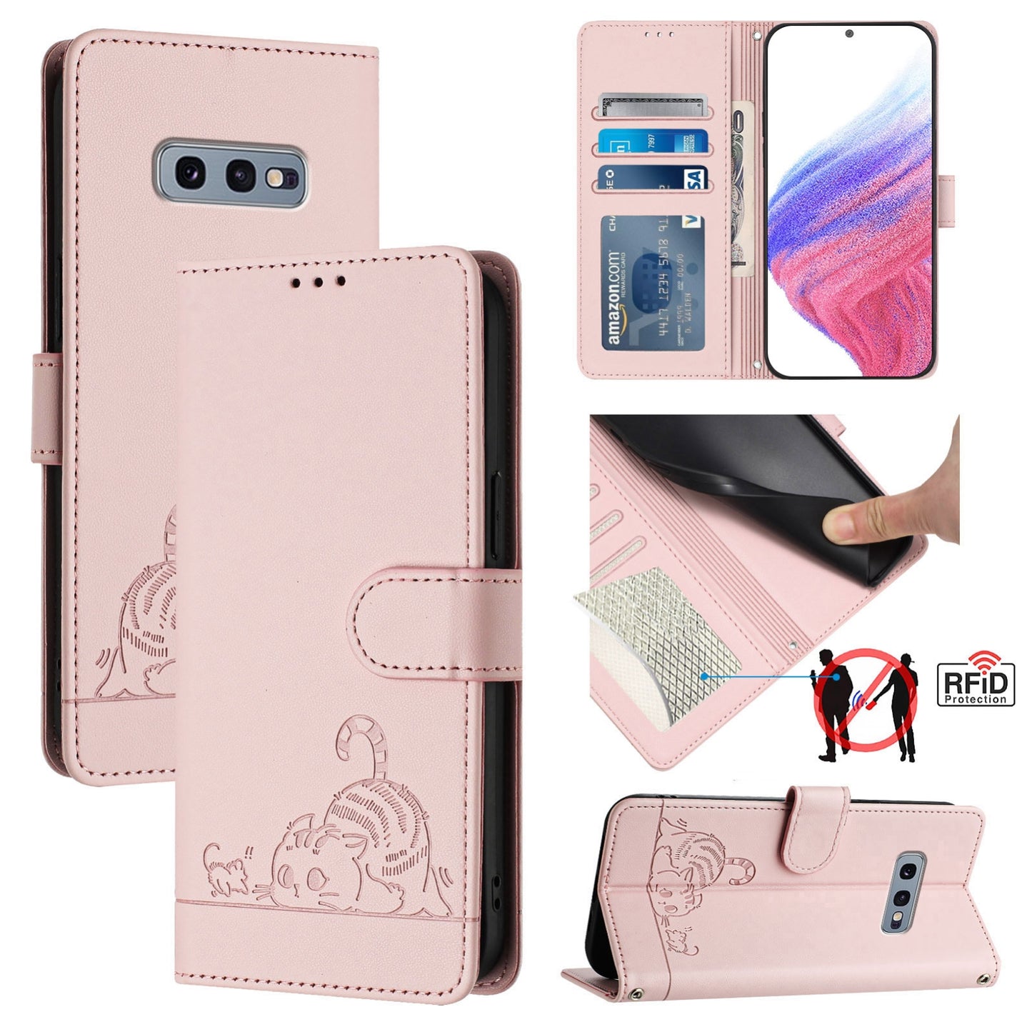 For Samsung Galaxy S10e Cat and Rat Embossed Pattern, RFID Leather Phone Case with Lanyard, Kickstand, and Wallet Features