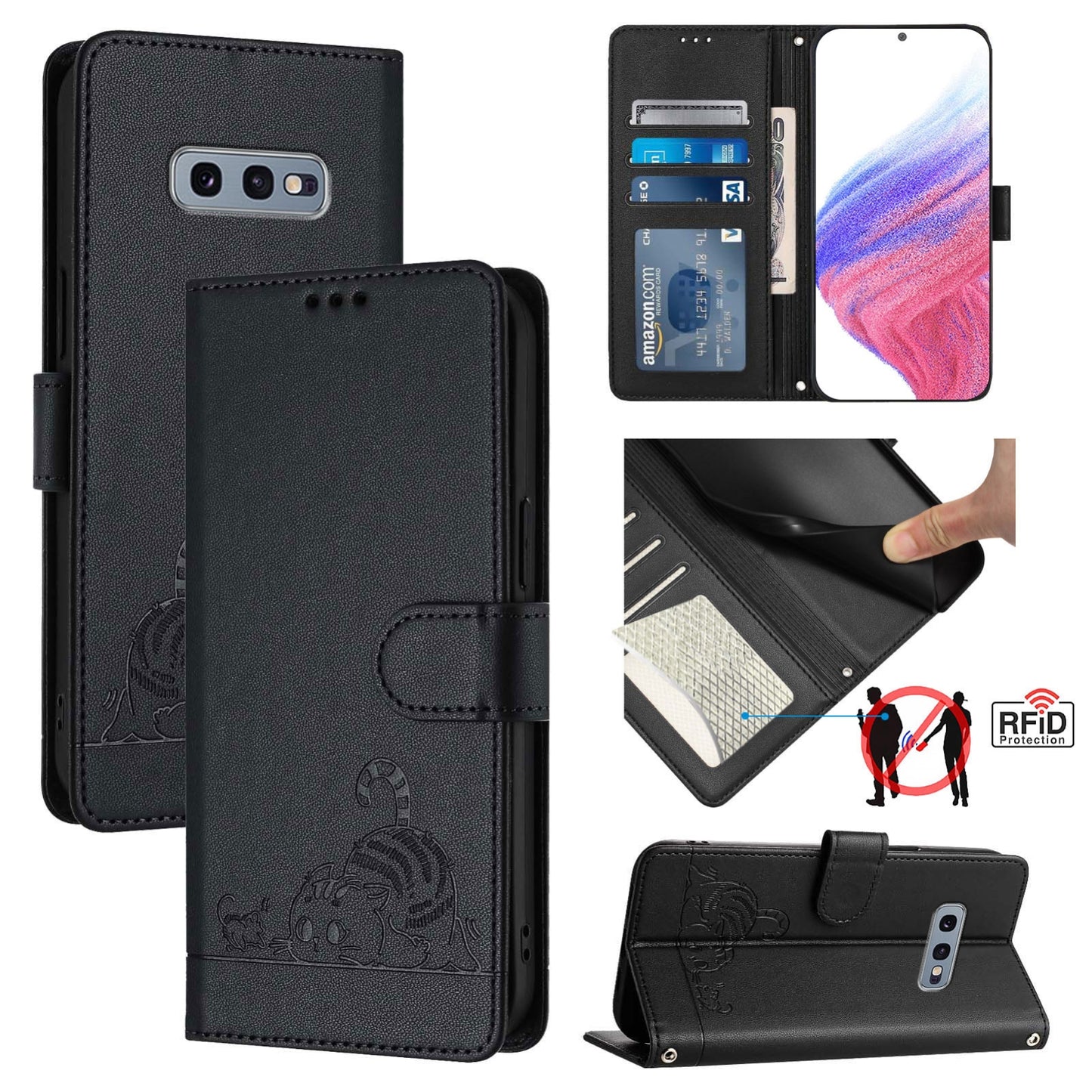 For Samsung Galaxy S10e Cat and Rat Embossed Pattern, RFID Leather Phone Case with Lanyard, Kickstand, and Wallet Features
