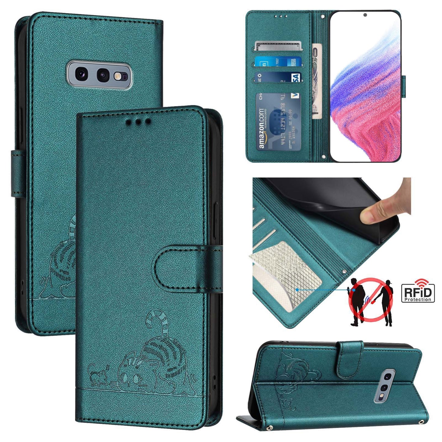 For Samsung Galaxy S10e Cat and Rat Embossed Pattern, RFID Leather Phone Case with Lanyard, Kickstand, and Wallet Features