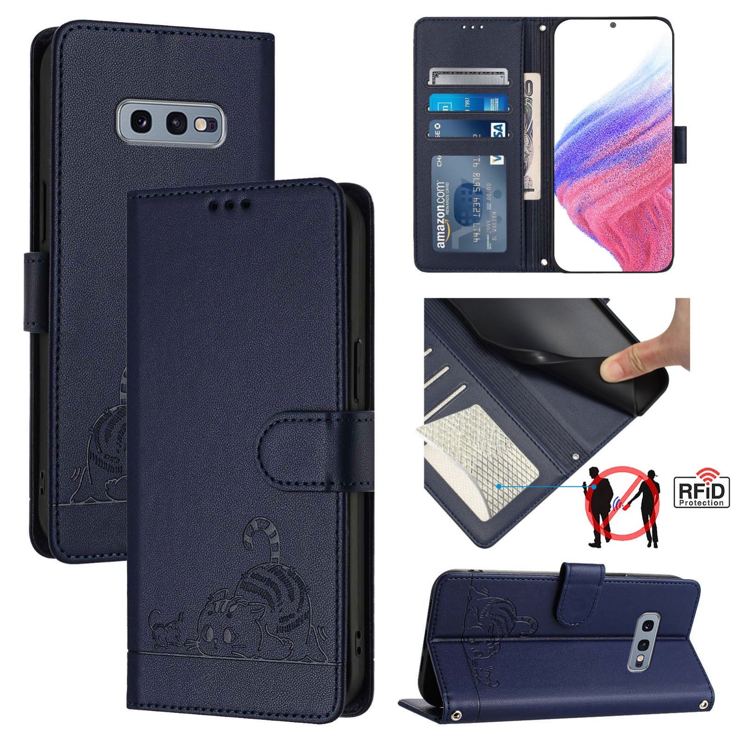 For Samsung Galaxy S10e Cat and Rat Embossed Pattern, RFID Leather Phone Case with Lanyard, Kickstand, and Wallet Features