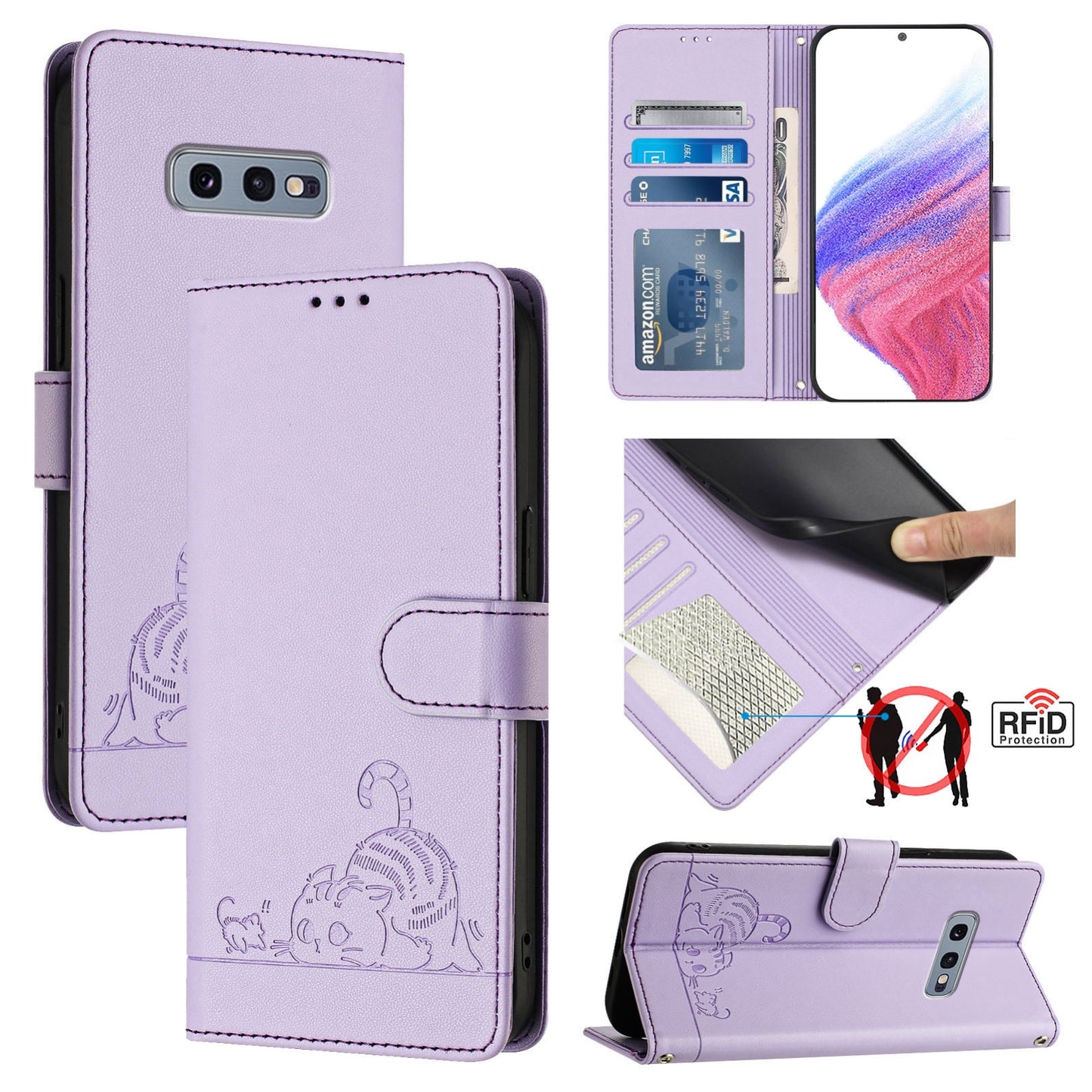 For Samsung Galaxy S10e Cat and Rat Embossed Pattern, RFID Leather Phone Case with Lanyard, Kickstand, and Wallet Features