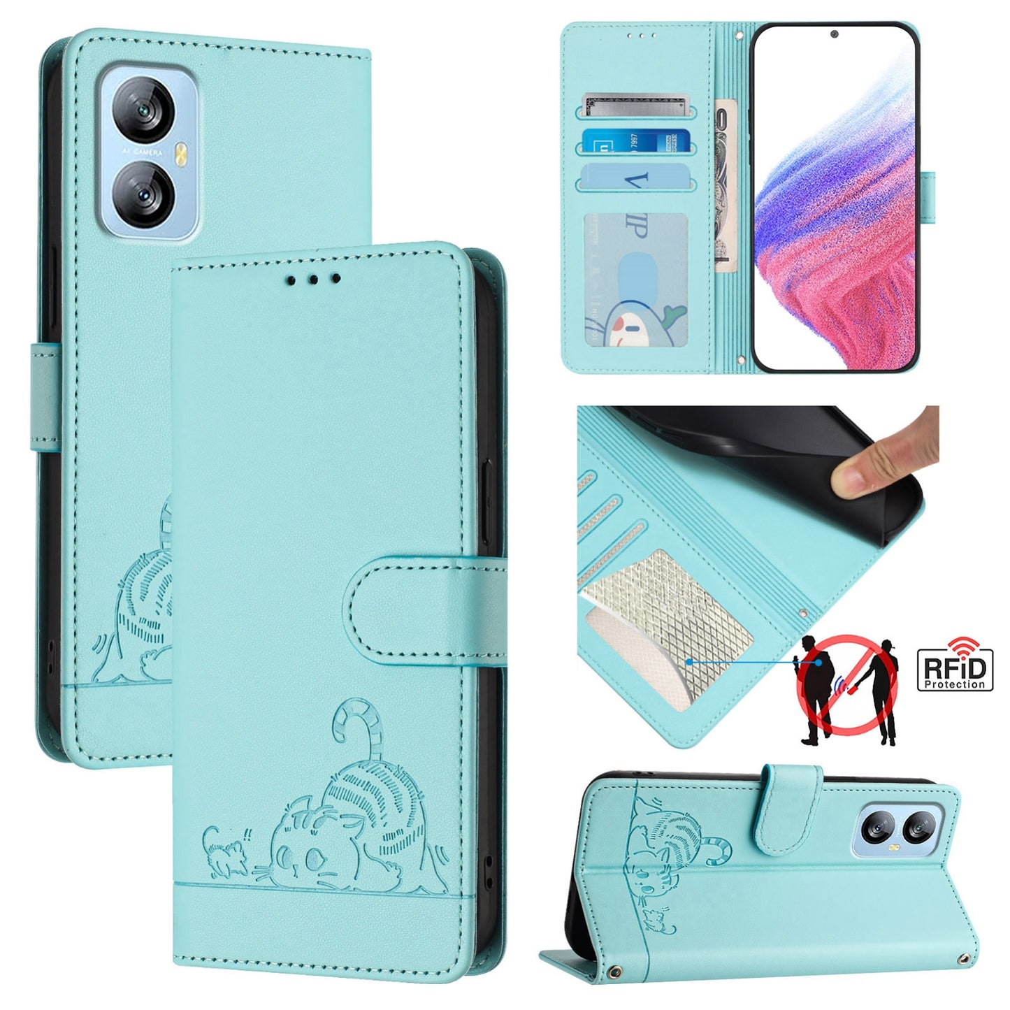 For Blackview A52 Cat and Rat Embossed Pattern, RFID Leather Phone Case with Lanyard, Kickstand, and Wallet Features