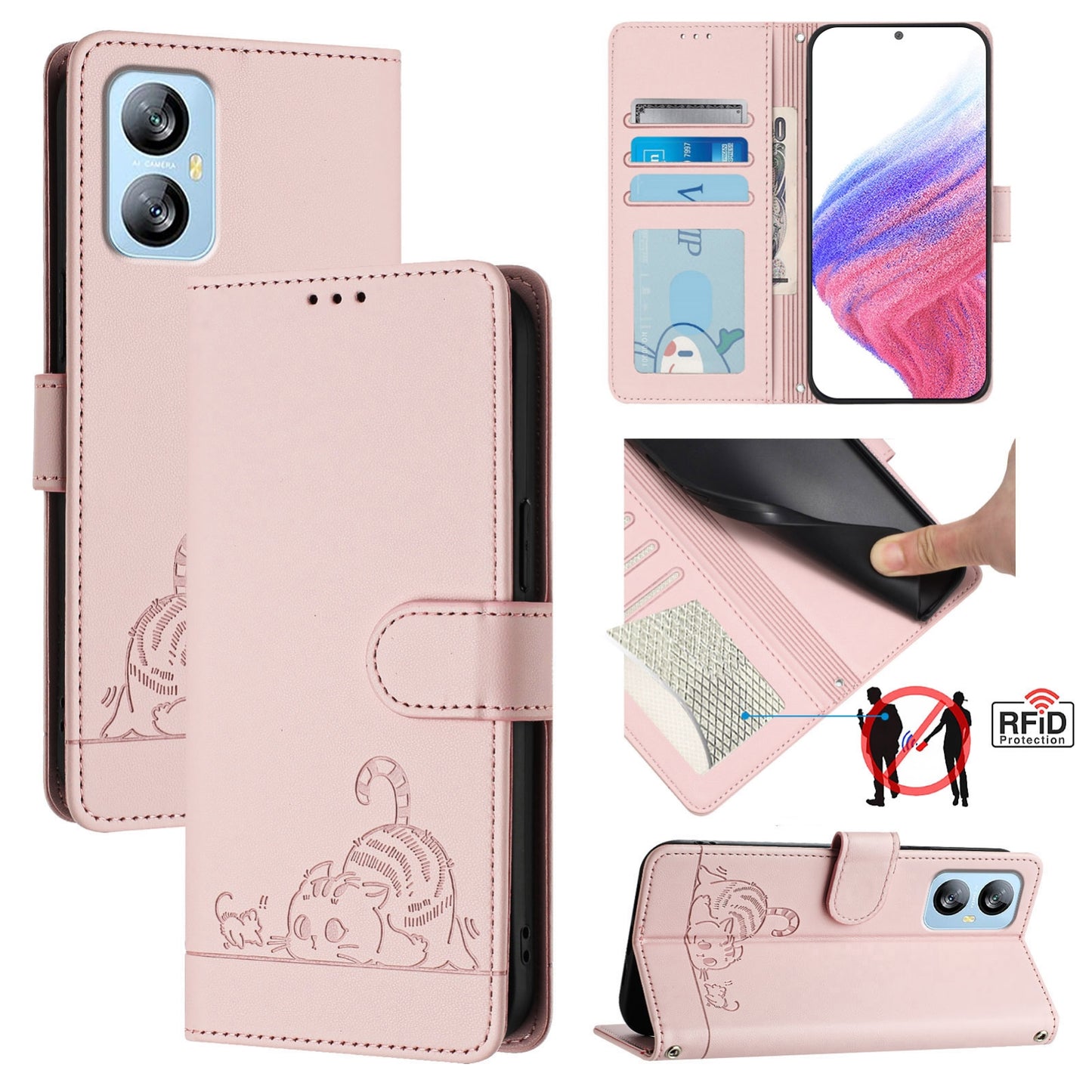 For Blackview A52 Cat and Rat Embossed Pattern, RFID Leather Phone Case with Lanyard, Kickstand, and Wallet Features