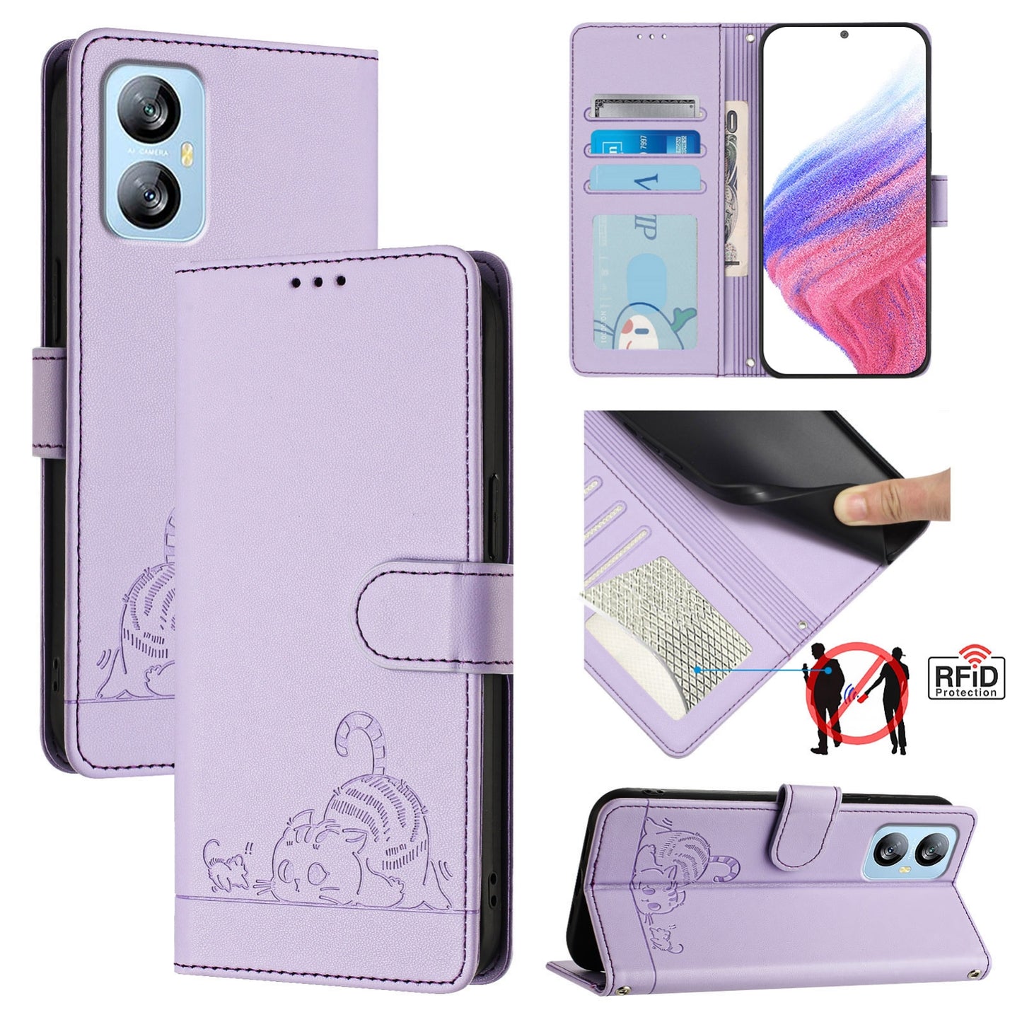 For Blackview A52 Cat and Rat Embossed Pattern, RFID Leather Phone Case with Lanyard, Kickstand, and Wallet Features