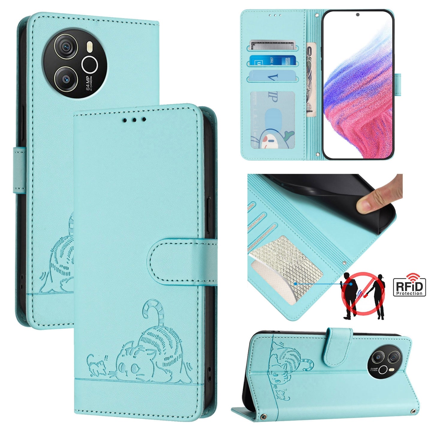 For Blackview Shark 8 Cat and Rat Embossed Pattern, RFID Leather Phone Case with Lanyard, Kickstand, and Wallet Features