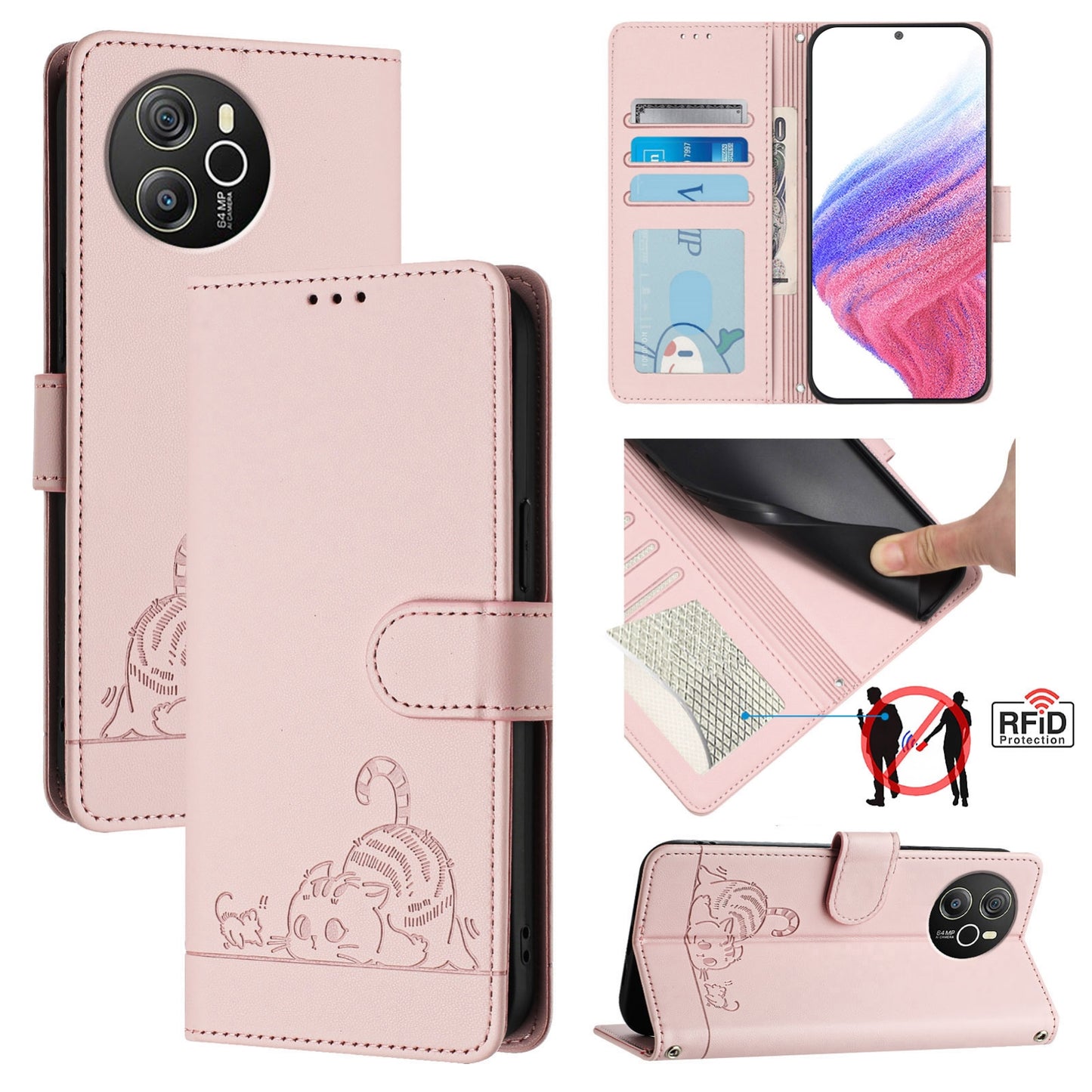 For Blackview Shark 8 Cat and Rat Embossed Pattern, RFID Leather Phone Case with Lanyard, Kickstand, and Wallet Features