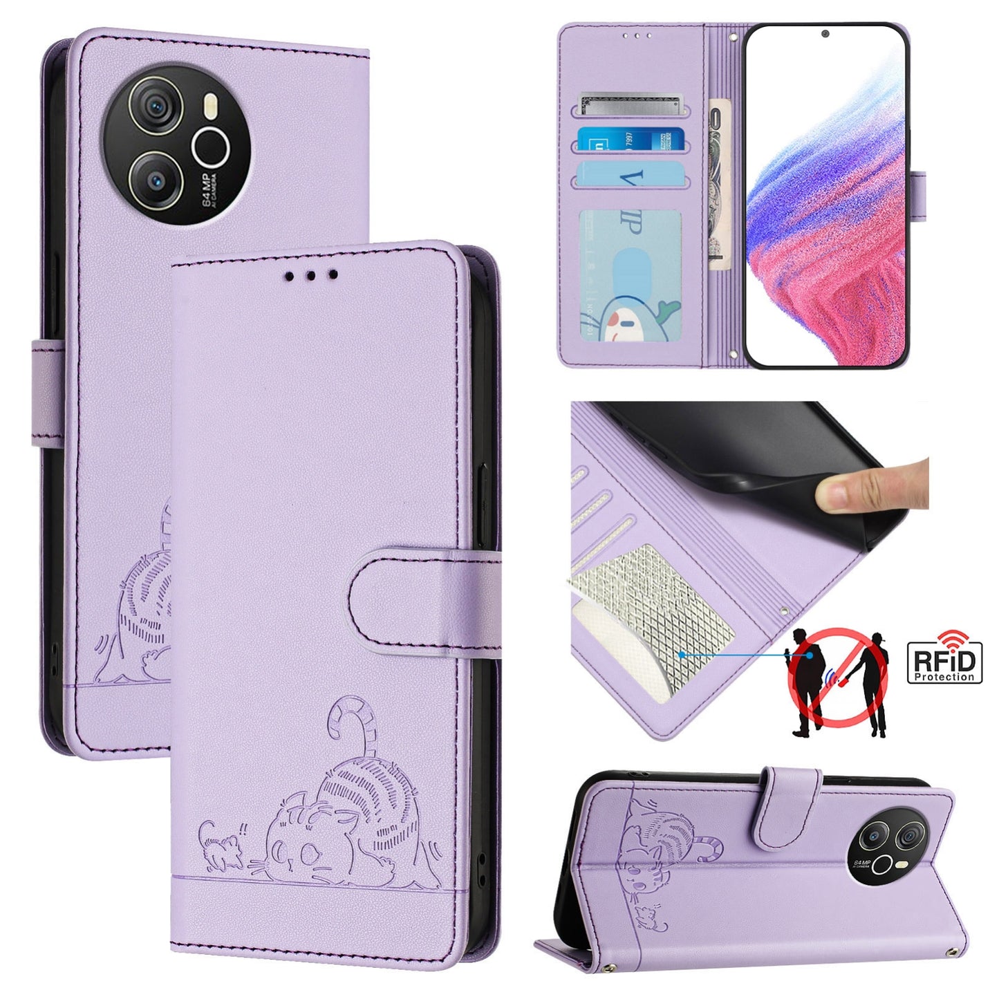 For Blackview Shark 8 Cat and Rat Embossed Pattern, RFID Leather Phone Case with Lanyard, Kickstand, and Wallet Features