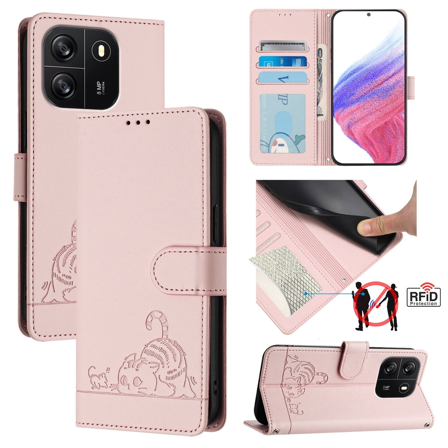 For Blackview Wave 6C Cat and Rat Embossed Pattern, RFID Leather Phone Case with Lanyard, Kickstand, and Wallet Features