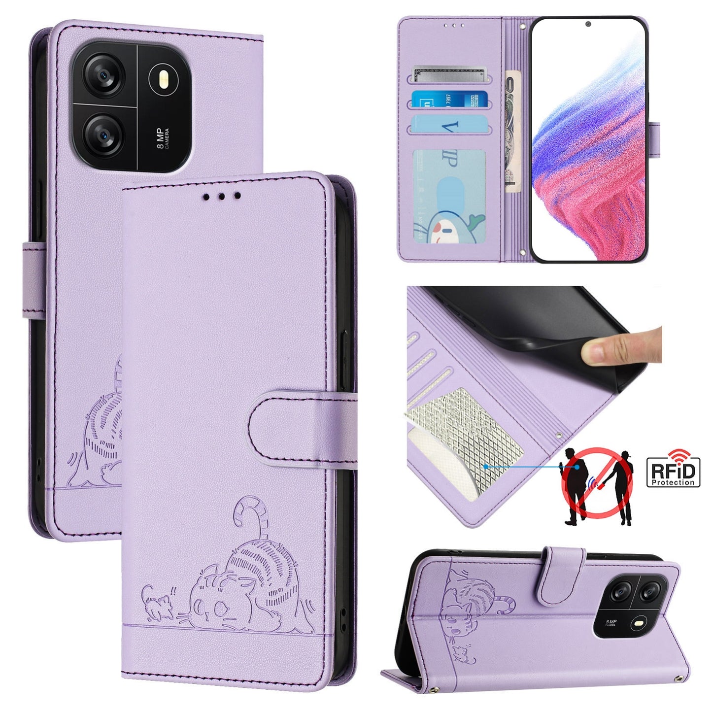 For Blackview Wave 6C Cat and Rat Embossed Pattern, RFID Leather Phone Case with Lanyard, Kickstand, and Wallet Features