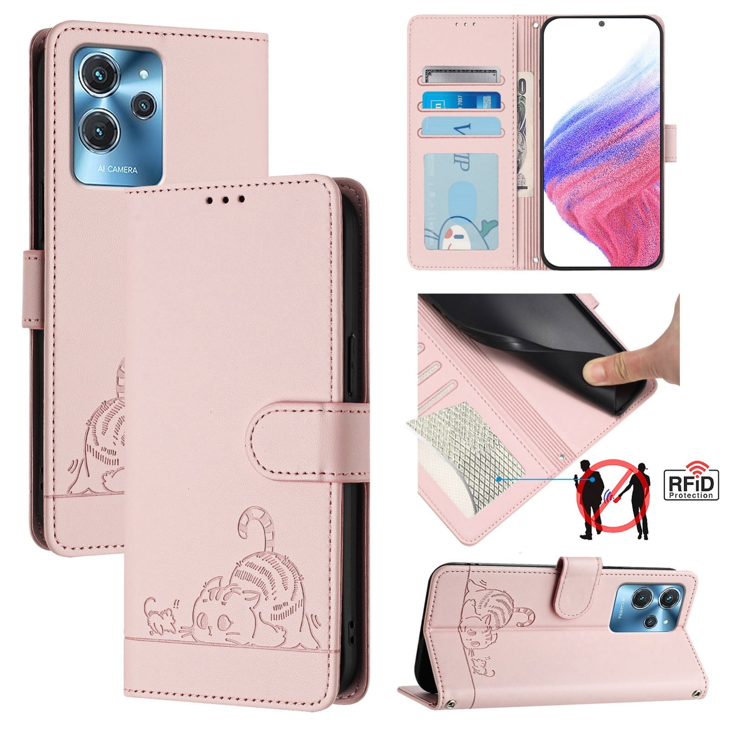 Oukitel C32 Cat and Rat Embossed Pattern, RFID Leather Phone Case with Lanyard, Kickstand, and Wallet Features
