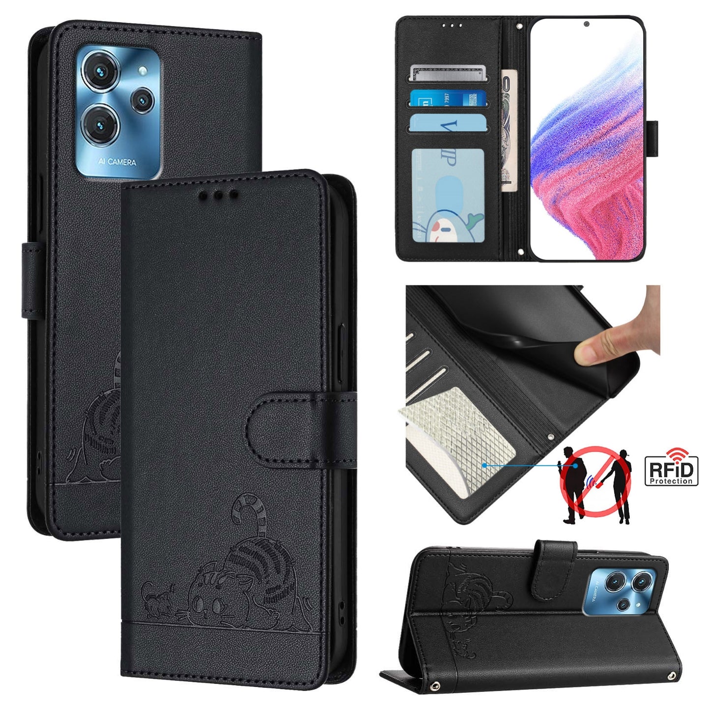 Oukitel C32 Cat and Rat Embossed Pattern, RFID Leather Phone Case with Lanyard, Kickstand, and Wallet Features