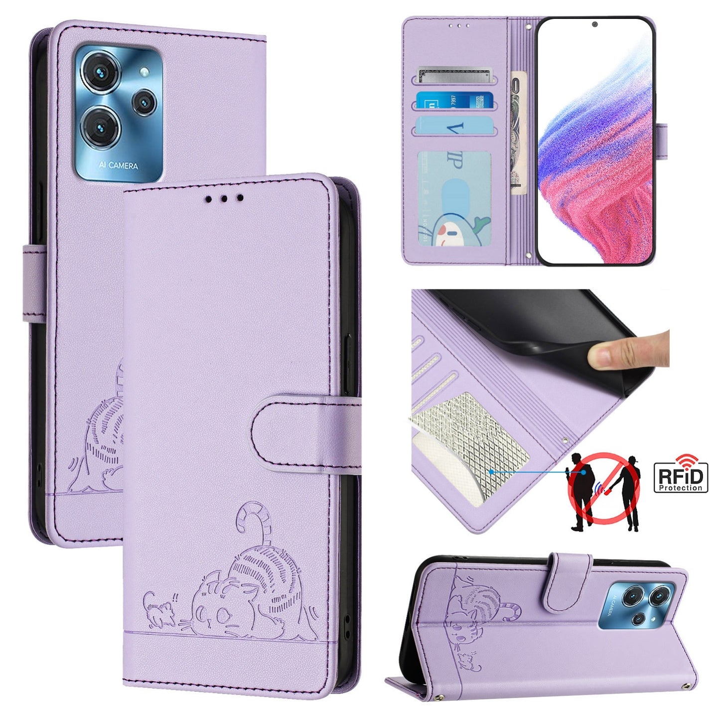 Oukitel C32 Cat and Rat Embossed Pattern, RFID Leather Phone Case with Lanyard, Kickstand, and Wallet Features