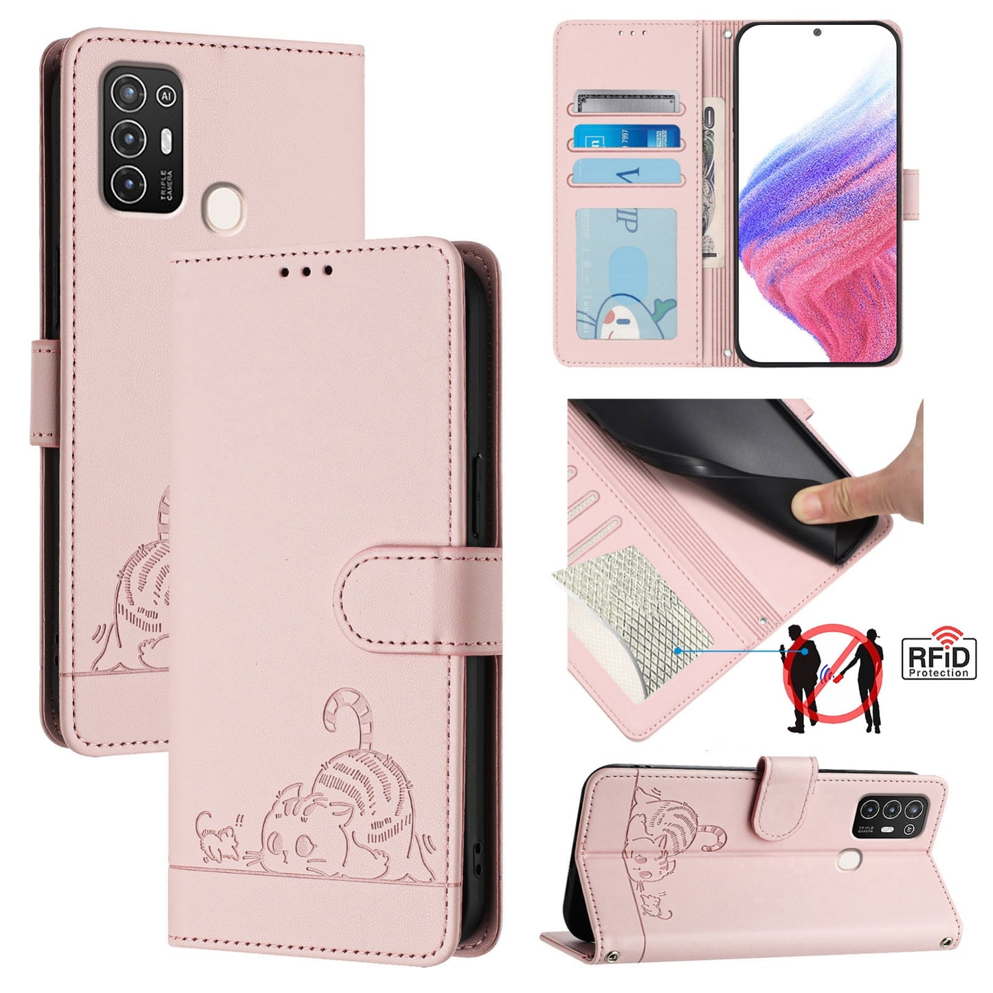 For ZTE Blade A52 Cat and Rat Embossed Pattern, RFID Leather Phone Case with Lanyard, Kickstand, and Wallet Features