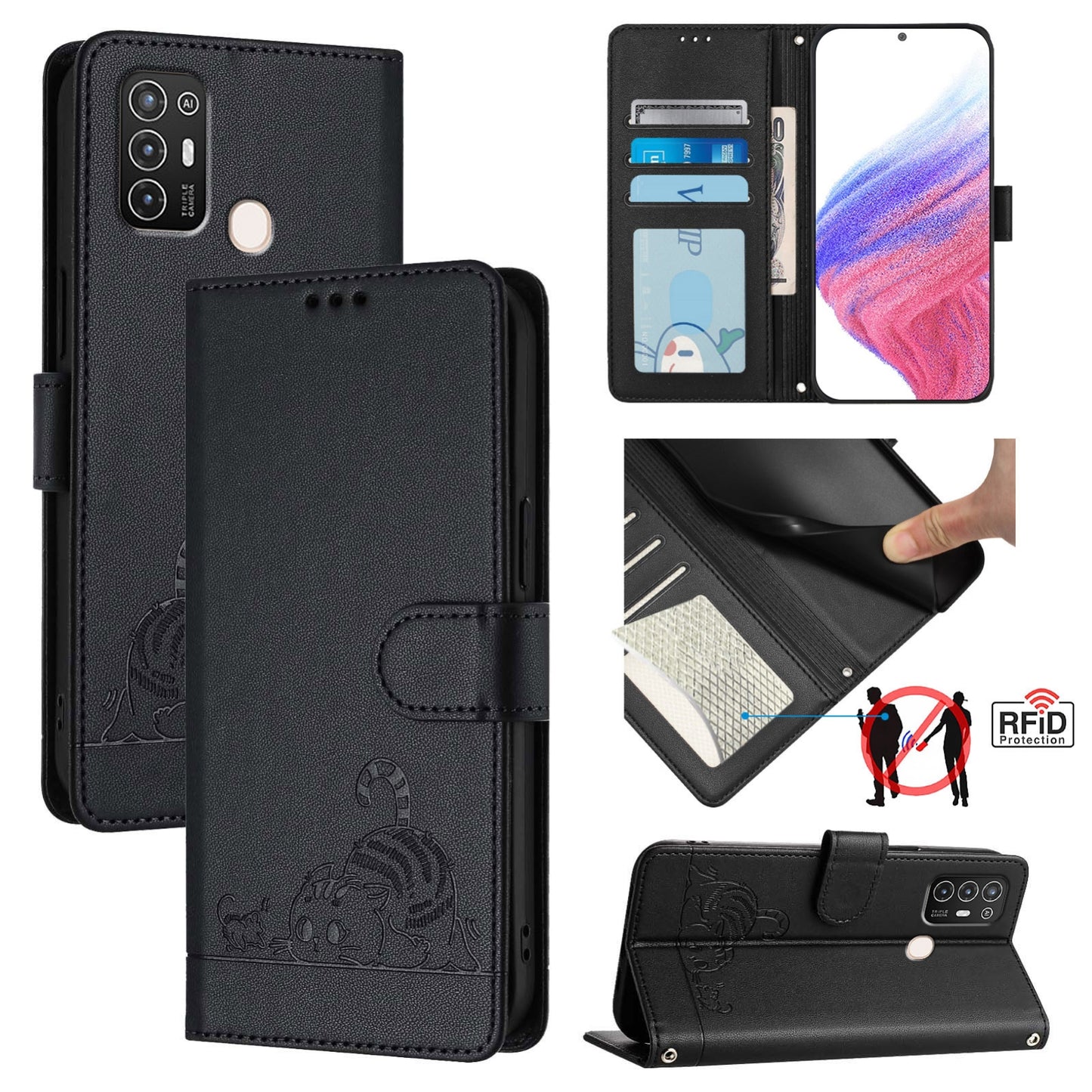 For ZTE Blade A52 Cat and Rat Embossed Pattern, RFID Leather Phone Case with Lanyard, Kickstand, and Wallet Features