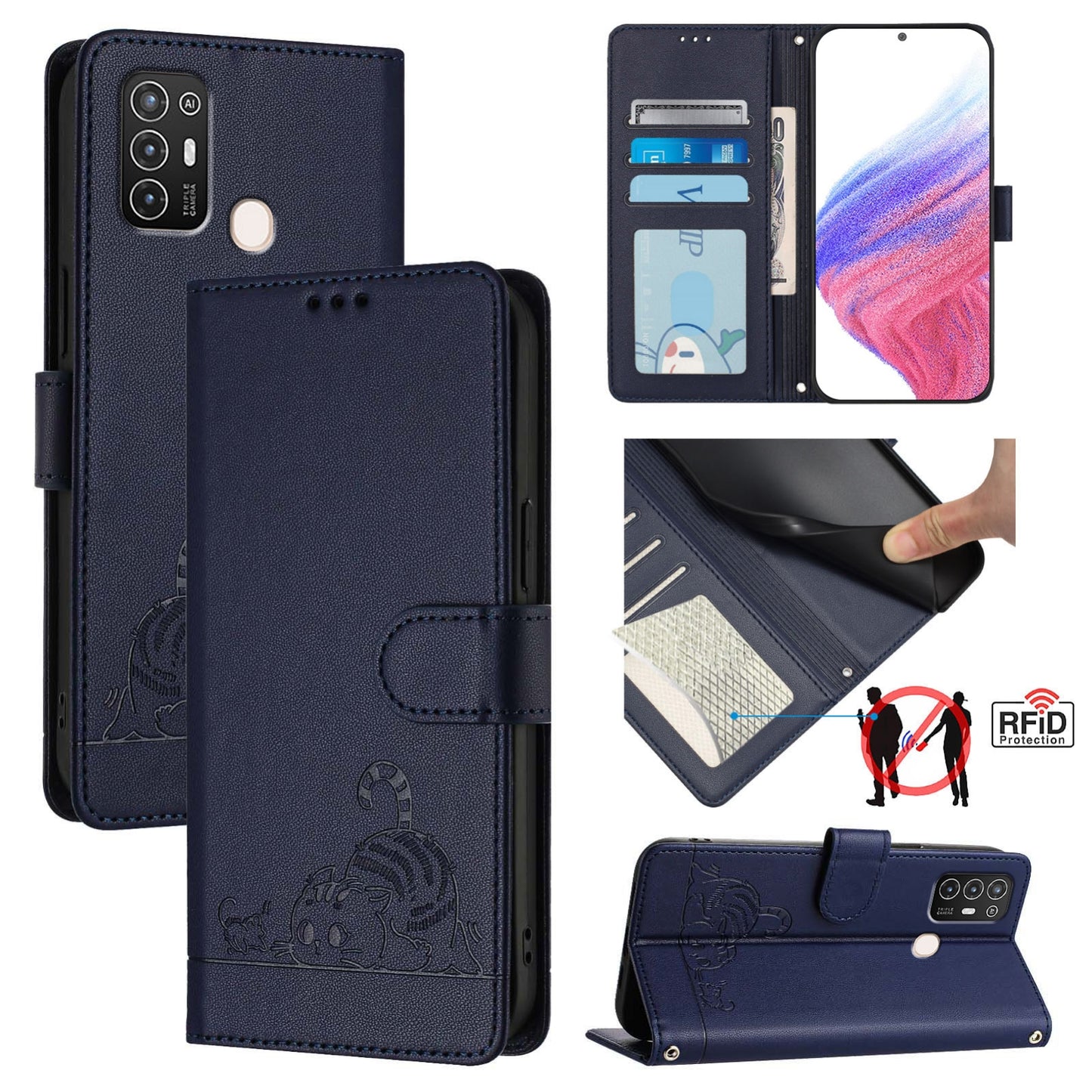 For ZTE Blade A52 Cat and Rat Embossed Pattern, RFID Leather Phone Case with Lanyard, Kickstand, and Wallet Features