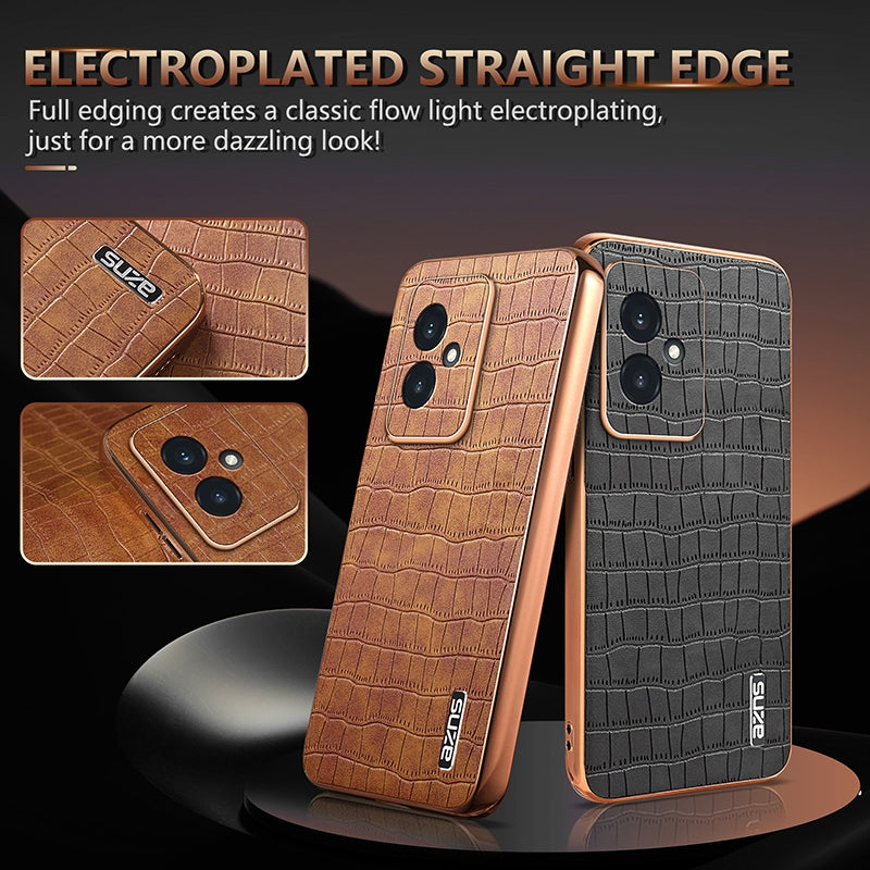 Honor 100 Luxury Case - Electroplated Frame, Crocodile Texture Leather, Full Coverage Protection, Anti-Fingerprint & Shockproof