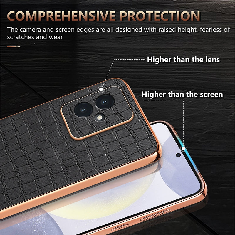 Honor 100 Luxury Case - Electroplated Frame, Crocodile Texture Leather, Full Coverage Protection, Anti-Fingerprint & Shockproof