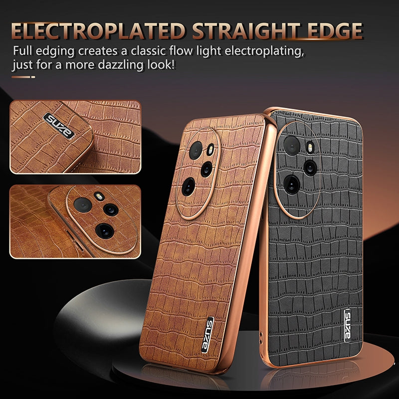 Honor 100 Pro Luxury Case - Electroplated Frame, Crocodile Texture Leather, Full Coverage Protection, Anti-Fingerprint & Shockproof