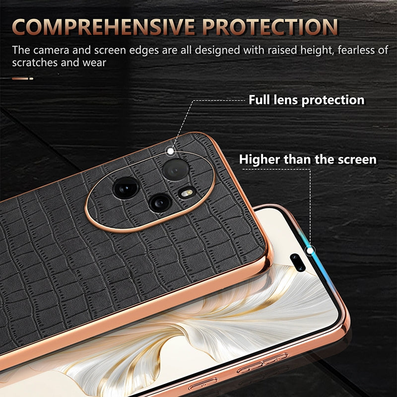 Honor 100 Pro Luxury Case - Electroplated Frame, Crocodile Texture Leather, Full Coverage Protection, Anti-Fingerprint & Shockproof